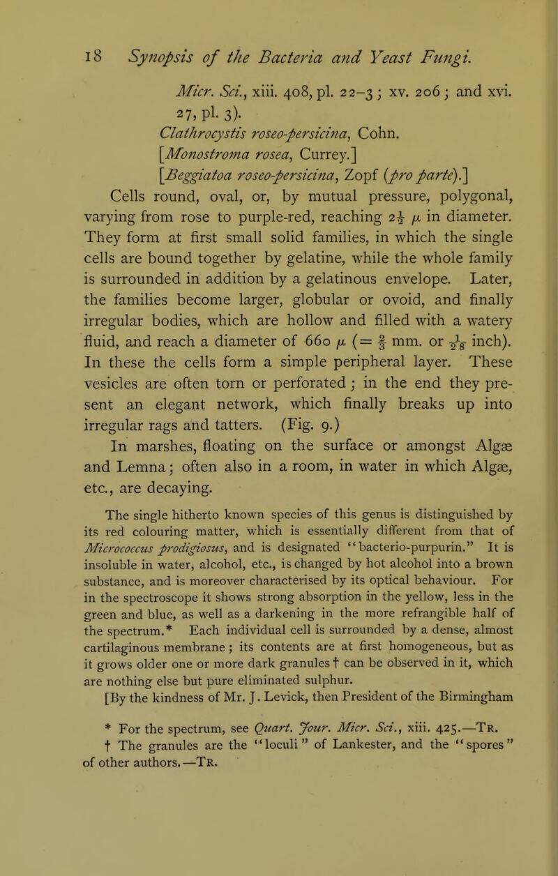 Micr. Sci., xiii. 408, pl. 22-3 ; xv. 206 ; and xvi. 27, pl- 3)- Claihrocystis roseo-persicina, Cohn. \_Mo7iostro77ia rosea, Currey.] \Beggiatoa roseo-persicina, Zopf {pro parte).^ Cells round, oval, or, by mutual pressure, polygonal, varying from rose to purple-red, reaching 2^ /x in diameter. They form at first small solid families, in which the single cells are bound together by gelatine, while the whole family is surrounded in addition by a gelatinous envelope. Later, the families become larger, globular or ovoid, and finally irregular bodies, which are hollow and filled with a watery fluid, and reach a diameter of 660 yu, (= f mm. or ^^g- inch). In these the cells form a simple peripheral layer. These vesicles are often torn or perforated; in the end they pre- sent an elegant network, which finally breaks up into irregular rags and tatters. (Fig. 9.) In marshes, floating on the surface or amongst Algas and Lemna; often also in a room, in water in which Algae, etc., are decaying. The single hitherto known species of this genus is distinguished by its red colouring matter, which is essentially different from that of Micrococcus prodigiosus, and is designated  bacterio-purpurin. It is insoluble in water, alcohol, etc., is changed by hot alcohol into a brown substance, and is moreover characterised by its optical behaviour. For in the spectroscope it shows strong absorption in the yellow, less in the green and blue, as well as a darkening in the more refrangible half of the spectrum.* Each individual cell is surrounded by a dense, almost cartilaginous membrane ; its contents are at first homogeneous, but as it grows older one or more dark granules t can be observed in it, which are nothing else but pure eliminated sulphur. [By the kindness of Mr. J. Levick, then President of the Birmingham * For the spectrum, see Quart. Jour. Micr. Sci., xiii. 425.—Tr, t The granules are the loculi of Lankester, and the spores of other authors. —Tr.