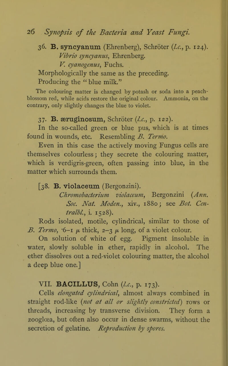 36. B. syncyanum (Ehrenberg), Schroter (/.<:., p. 124). Vibrio syncya?ms, Ehrenberg. V. cyanogenus, Fuchs. Morphologically the same as the preceding. Producing the  blue milk. The colouring matter is changed by potash or soda into a peach- blossom red, while acids restore the original colour. Ammonia, on the contrary, only slightly changes the blue to violet. 37. B. seruginosum, Schroter (/.<;., p. 122). In the so-called green or blue pus, which is at times found in wounds, etc. Resembling B. Ternio. Even in this case the actively moving Fungus cells are themselves colourless; they secrete the colouring matter, which is verdigris-green, often passing into blue, in the matter which surrounds them. [38. B. violaceum (Bergonzini). Chi'omobacterium violaceum, Bergonzini {Ann. Sac. Nat. Moden., xiv., 1880; see Bot. Cen- tralbi., i. 1528). Rods isolated, motile, cylindrical, similar to those of B. Termo, '6-1 />(, thick, 2-3 /a long, of a violet colour. On solution of white of egg. Pigment insoluble in water, slowly soluble in ether, rapidly in alcohol. The ether dissolves out a red-violet colouring matter, the alcohol a deep blue one.] VII. BACILLUS, Cohn {I.e., p. 173). Cells elongated cylindrical, almost always combined in straight rod-like {jiot at all or slightly constricted) rows or threads, increasing by transverse division. They form a zoogloea, but often also occur in dense swarms, without the secretion of gelatine. Reproduction by spores.