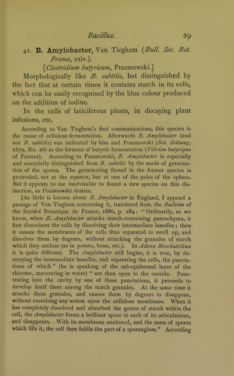 41. B. Amylobacter, Van Tieghem (Bull. Soc. Bot. France, xxiv.). \Clostridium bidyricum, Prazmowski.] Morphologically like B. subtilis, but distinguished by the fact that at certain times it contains starch in its cells, which can be easily recognised by the blue colour produced on the addition of iodine. In the cells of laticiferous plants, in decaying plant infusions, etc. According to Van Tieghem's first communications, this species is the cause of cellulose-fermentation. Afterwards B. Amylobacter (and not B. sttbtilis) was indicated by him and Prazmowski {Bot. Zeitung, 1879, No. 26) as the ferment of butyric fermentation (Vibrion butyrique of Pasteur). According to Prazmowski, B. A?nylobacter is especially and essentially distinguished from B. subtilis by the mode of germina- tion of the spores. The germinating thread in the former species is protruded, not at the equator, but at one of the poles of the sphere. But it appears to me inadvisable to found a new species on this dis- tinction, as Prazmowski desires. [As little is known about B. Amylobacter in England, I append a passage of Van Tieghem concerning it, translated from the Bulletin of the Societe Botanique de France, 1880, p. 284: Ordinarily, as we know, when B. Amylobacter attacks starch-containing parenchyma, it first dissociates the cells by dissolving their intermediate lamellas; then it causes the membranes of the cells thus separated to swell up, and dissolves them by degrees, without attacking the granules of starch which they enclose (as in potato, bean, etc.). In Adoxa Moschatellina it is quite different. The Amylobacter still begins, it is true, by de- stroying the intermediate lamelloe, and separating the cells, the puncta- tions of which  (he is speaking of the sub-epidermal layer of the rhizome, macerating in water) are then open to the outside. Pene- trating into the cavity by one of these punctations, it proceeds to develop itself there among the starch granules. At the same time it attacks these granules, and causes them by degrees to disappear, without exercising any action upon the cellulose membrane. When it has completely dissolved and absorbed the grains of starch within the cell, the Amylobacter forms a brilliant spore in each of its articulations, and disappears. With its membrane unaltered, and the mass of spores which fills it, the cell then fulfils the part of a sporangium. According