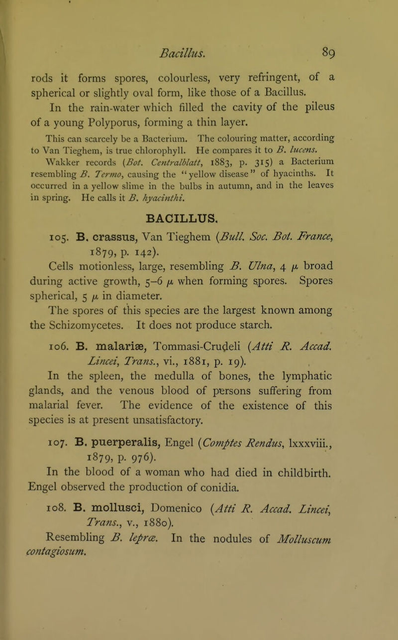 rods it forms spores, colourless, very refringent, of a spherical or slightly oval form, like those of a Bacillus. In the rain-water which filled the cavity of the pileus of a young Polyporus, forming a thin layer. This can scarcely be a Bacterium. The colouring matter, according to Van Tieghem, is true chlorophyll. He compares it to B. lucms. Wakker records {Bot. Centralblatt, 1883, p. 315) a Bacterium resembling wff. 7<?r^/(?, causing the  yellow disease  of hyacinths. It occurred in a yellow slime in the bulbs in autumn, and in the leaves in spring. He calls it B. hyacinthi. BACILLUS. 105. B. crassus, Van Tieghem {Bull. Soc. Bot. France^ 1879, p. 142). Cells motionless, large, resembling B. Ulna, 4 /u, broad during active growth, 5-6 /a when forming spores. Spores spherical, 5 fi in diameter. The spores of this species are the largest known among the Schizomycetes. It does not produce starch. 106. B. malariae, Tommasi-Cru(^eli {Atti R. Accad. Lincei, Trans., vi., 1881, p. 19). In the spleen, the medulla of bones, the lymphatic glands, and the venous blood of persons suffering from malarial fever. The evidence of the existence of this species is at present unsatisfactory. 107. B. puerperalis, Engel {Comptes Rendus, Ixxxviii., 1879, p. 976). In the blood of a woman who had died in childbirth. Engel observed the production of conidia. 108. B. mollusci, Domenico {Atti R. Accad. Lincei, Trans., v., 1880). Resembling B. lepra. In the nodules of Molluscum contagiosum.