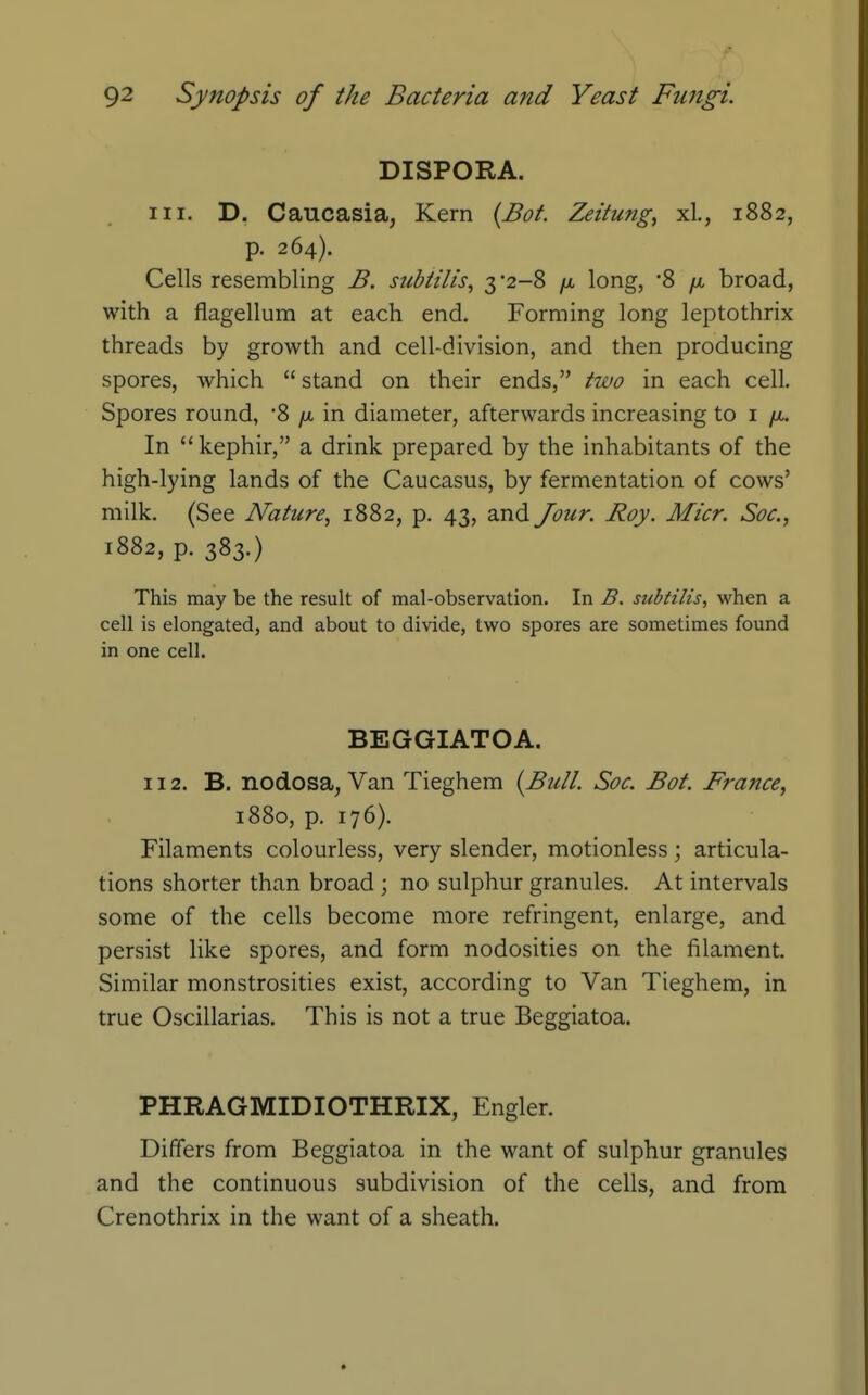 DISPORA. 111. D. Caucasia, Kern {Bot. Zeitung, xl., 1882, p. 264). Cells resembling B. subtilis^ 3*2-8 long, '8 broad, with a flagellum at each end. Forming long leptothrix threads by growth and cell-division, and then producing spores, which  stand on their ends, two in each cell. Spores round, '8 /a in diameter, afterwards increasing to i [x. In  kephir, a drink prepared by the inhabitants of the high-lying lands of the Caucasus, by fermentation of cows' milk. (See Nature, 1882, p. 43, and Jour. Roy. Micr. Soc, 1882, p. 383.) This may be the result of mal-observation. In B. subtilis, when a cell is elongated, and about to divide, two spores are sometimes found in one cell. BEGGIATOA. 112. B. nodosa, Van Tieghem {Bull. Soc. Bot. France, 1880, p. 176). Filaments colourless, very slender, motionless; articula- tions shorter than broad ; no sulphur granules. At intervals some of the cells become more refringent, enlarge, and persist like spores, and form nodosities on the filament. Similar monstrosities exist, according to Van Tieghem, in true Oscillarias. This is not a true Beggiatoa. PHRAGMIDIOTHRIX, Engler. Differs from Beggiatoa in the want of sulphur granules and the continuous subdivision of the cells, and from Crenothrix in the want of a sheath.