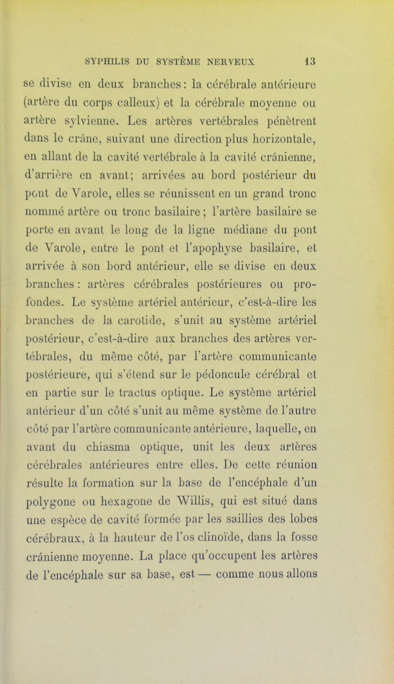 se divise en deux branches : la cérébrale antérieure (artère du corps calleux) et la cérébrale moyenne ou artère sylvienne. Les artères vertébrales pénètrent dans le crâne, suivant une direction plus horizontale, en allant de la cavité vertébrale à la cavité crânienne, d'arrière en avant; arrivées au bord postérieur du pont de Varole, elles se réunissent en un grand tronc nommé artère ou tronc basilaire ; l'artère basilaire se porte en avant le long de la ligne médiane du pont de Varole, entre le pont et l'apophyse basilaire, et arrivée à son bord antérieur, elle se divise en deux branches : artères cérébrales postérieures ou pro- fondes. Le système artériel antérieur, c'est-à-dire les branches de la carotide, s'unit au système artériel postérieur, c'est-à-dire aux branches des artères ver- tébrales, du même côté, par l'artère communicante postérieure, qui s'étend sur le pédoncule cérébral et en partie sur le tractus optique. Le système artériel antérieur d'un côté s'unit au même système de l'autre côté par l'artère communicante antérieure, laquelle, en avant du chiasma optique, unit les deux artères cérébrales antérieures entre elles. De cette réunion résulte la formation sur la base de l'encéphale d'un polygone ou hexagone de Willis, qui est situé dans une espèce de cavité formée par les saillies des lobes cérébraux, à la hauteur de l'os clinoïde, dans la fosse crânienne moyenne. La place qu'occupent les artères de l'encéphale sur sa base, est— comme nous allons