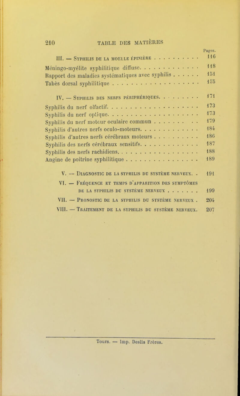 Pages. III. — Syphilis de la moelle épinière ^16 Méningo-myélite syphilitique diffuse Rapport des maladies systématiques avec syphilis ISi Tabès dorsal syphilitique IV. — Syphilis des nerfs périphériques Hl Syphilis du nerf olfactif ^^^ Syphilis du nerf optique Syphilis du nerf moteur oculaire commun l'79 Syphilis d'autres nerfs oculo-moteurs 184 Syphilis d'autres nerfs cérébraux moteurs 186 Syphilis des nerfs cérébraux sensitifs 187 Syphilis des nerfs rachidiens 188 Angine de poitrine syphilitique 189 V. — Diagnostic de la syphilis dd système nerveux. . 191 VI. — Fréquence et temps d'apparition des symptômes de la syphilis du système nerveux 199 VII. — Pronostic de la syphilis du système nerveux . 204 VIII. — Traitement de la syphilis du système nerveux. 207 Tours. — Imp. Deslis Frères.