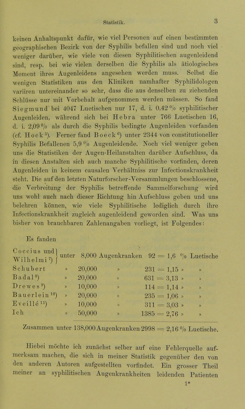 Statistik. keinen Anhaltspunkt dafür, wie viel Personen auf einen bestimmten geographischen Bezirk von der Syphilis befallen sind und noch viel weniger darüber, wie viele von diesen Syphilitischen augenleidcnd sind, resp. bei wie vielen derselben die Syphilis als ätiologisches Moment ihres Augenleidens angesehen werden muss. Selbst die wenigen Statistiken aus den Kliniken namhafter Syphilidologen variiren untereinander so sehr, dass die aus denselben zu ziehenden Schlüsse nur mit Vorbehalt aufgenommen werden müssen. So fand Siegmund bei 4047 Luetischen nur 17, d. i. 0,42% syphilitischer Augenleiden, während sich bei Hebra unter 766 Luetischen 16, d. i. 2,09 % als durch die Syphilis bedingte Augenleiden vorfanden (cf. Hock5). Ferner fand Boeck6) unter 2344 von Constitutioneller Syphilis Befallenen 5,9 % Augenleidende. Noch viel weniger geben uns die Statistiken der Augen-Heilanstalten darüber Aufschluss, da in diesen Anstalten sich auch manche Syphilitische vorfinden, deren Augenleiden in keinem causalen Verhältniss zur Infectionskrankheit steht. Die auf den letzten Naturforscher-Versammlungen beschlossene, die Verbreitung der Syphilis betreffende Sammelforschung wird uns wohl auch nach dieser Richtung hin Aufschluss geben und uns belehren können, wie viele Syphilitische lediglich durch ihre Infectionskrankheit zugleich augenleidend geworden sind. Was uns bisher von brauchbaren Zahlenangaben vorliegt, ist Folgendes: Es fanden Coccius und] W i 1 h e 1 m i7) j Schubert B a d a 18) Drewes9) B a u e r 1 e i n 10) Eveille n) Ich unter » 8,000 Augenkranken 92 = 1,6 % Luetische 20,000 » 231 = 1,15 » » 20,000 » 631 = 3,13 » » 10,000 » 114 = 1,14 » » 20,000 » 235 = 1,06 » » 10,000 » 311 = 3,03 » » 50,000 » 1385 = 2,76 » » Zusammen unter 138,000 Augenkranken 2998 = 2,16% Luetische. Hiebei möchte ich zunächst selber auf eine Fehlerquelle auf- merksam machen, die sich in meiner Statistik gegenüber den von den anderen Autoren aufgestellten vorfindet. Ein grosser Theil meiner an syphilitischen Augenkrankheiten leidenden Patienten 1*