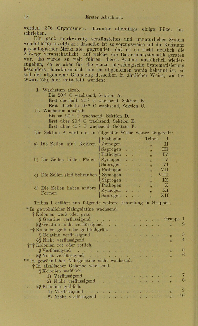 werden 376 Organismen, darunter allerdings einige Pilze, be- schrieben. Ein ganz merkwürdig verkünsteltes und unnatürliches System wendet Miquel (46) an; dasselbe ist so vorzugsweise auf die Konstanz physiologischer Merkmale gegründet, daß es so recht deutlich die Abwege veranschaulicht, auf welche die Bakterien Systematik geraten war. Es würde zu weit führen, dieses System ausführlich wieder- zugeben, da es aber für die ganze physiologische Systematisierung besonders charakteristisch und im allgemeinen wenig bekannt ist, so soll der allgemeine Grundzug desselben in ähnlicher Weise, wie bei Ward (55), hier mitgeteilt werden: I. Wachstum aerob. Bis 20 ® C wachsend, Sektion A. Erst oberhalb 20 ° 0 wachsend, Sektion B. Erst oberhalb 40 ® C wachsend, Sektion C. II. Wachstum an aerob. Bis zu 20 ° C wachsend, Sektion D. Erst über 20 ° C wachsend, Sektion E. Erst über 40 ® C wachsend, Sektion E. Die Sektion A wird nun in folgender Weise weiter eingeteilt: Pathogen . . . Tribus I. a) Die Zellen sind Kokken < Zymogen . . . II. Saprogen . . . » III. Pathogen ?! IV. b) Die Zellen bilden Fäden •( Zymogen . . . 1) V. Saprogen . . . )) VI. f Pathogen . . . VII. c) Die Zellen sind Schrauben • Zymogen . . . ?? VIII. [ Saprogen . . . ?7 IX. d) Die Zellen Formen haben andere ' Pathogen . . . Zymogen . . . ?? TI X. XI. Saprogen . . . TT XII. Tribus I erfährt nun folgende weitere Einteilung in Gruppen, * In gewöhnlicher Nährgelatine wachsend, f Kolonien weiß oder grau. § Gelatine verflüssigend Gruppe 1 §§ Gelatine nicht verflüssigend ff Kolonien gelb oder gelblichgrün. § Gelatine verflüssigend §§ Nicht verflüssigend fff Kolonien rot oder rötlich. § Verflüssigend §§ Nicht verflüssigend ** In gewöhnlicher Nährgelatine nicht wachsend, f In alkalischer Gelatine wachsend. § Kolonien weißlich. 1) Verflüssigend 2) Nicht verflüssigend . §§ Kolonien gelblich. 1) Verflüssigend 2) Nicht verflüssigend 7 8 9 10