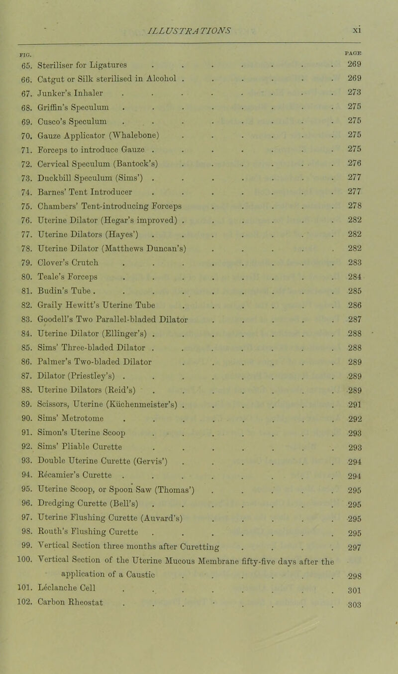 FIG. PAGE 65. Steriliser for Ligatures ....... 269 66. Catgut or Silk sterilised in Alcohol ...... 269 67. Junker’s Inhaler ........ 273 68. Griffin’s Speculum . . . . . • • .275 69. Cusco’s Speculum ........ 275 70. Gauze Applicator (Whalebone) . . . . . .275 71. Forceps to introduce Gauze ....... 275 72. Cervical Speculum (Bantock’s) . . . . . .276 73. Duckbill Speculum (Sims’) ....... 277 74. Barnes’ Tent Introducer ....... 277 75. Chambers’ Tent-introducing Forceps . . . . .278 76. Uterine Dilator (Hegar’s improved) ...... 282 77. Uterine Dilators (Hayes’) ....... 282 78. Uterine Dilator (Matthews Duncan’s) ..... 282 79. Clover’s Crutch ........ 283 80. Teale’s Forceps ........ 284 81. Budin’s Tube ......... 285 82. Graily Hewitt’s Uterine Tube ...... 286 83. Goodell’s Two Parallel-bladed Dilator ..... 287 84. Uterine Dilator (Ellinger’s) ....... 288 85. Sims’ Three-bladed Dilator ....... 288 86. Palmer’s Two-bladed Dilator ...... 289 87. Dilator (Priestley’s) ........ 289 88. Uterine Dilators (Reid’s) ....... 289 89. Scissors, Uterine (Kiichenmeister’s) ...... 291 90. Sims’ Metrotome ........ 292 91. Simon’s Uterine Scoop ....... 293 92. Sims’ Pliable Curette ....... 293 93. Double Uterine Curette (Gervis’) ...... 294 94. Rdcamier’s Curette ........ 294 95. Uterine Scoop, or Spoon Saw (Thomas’) ..... 295 96. Dredging Curette (Bell’s) ....... 295 97. Uterine Flushing Curette (Auvard’s) ..... 295 98. Routh’s Flushing Curette ....... 295 99. Vertical Section three months after Curetting .... 297 100. Vertical Section of the Uterine Mucous Membrane fifty-five days after the application of a Caustic ...... 298 101. Leclanclie Cell ...... 301 102. Carbon Rheostat . 303