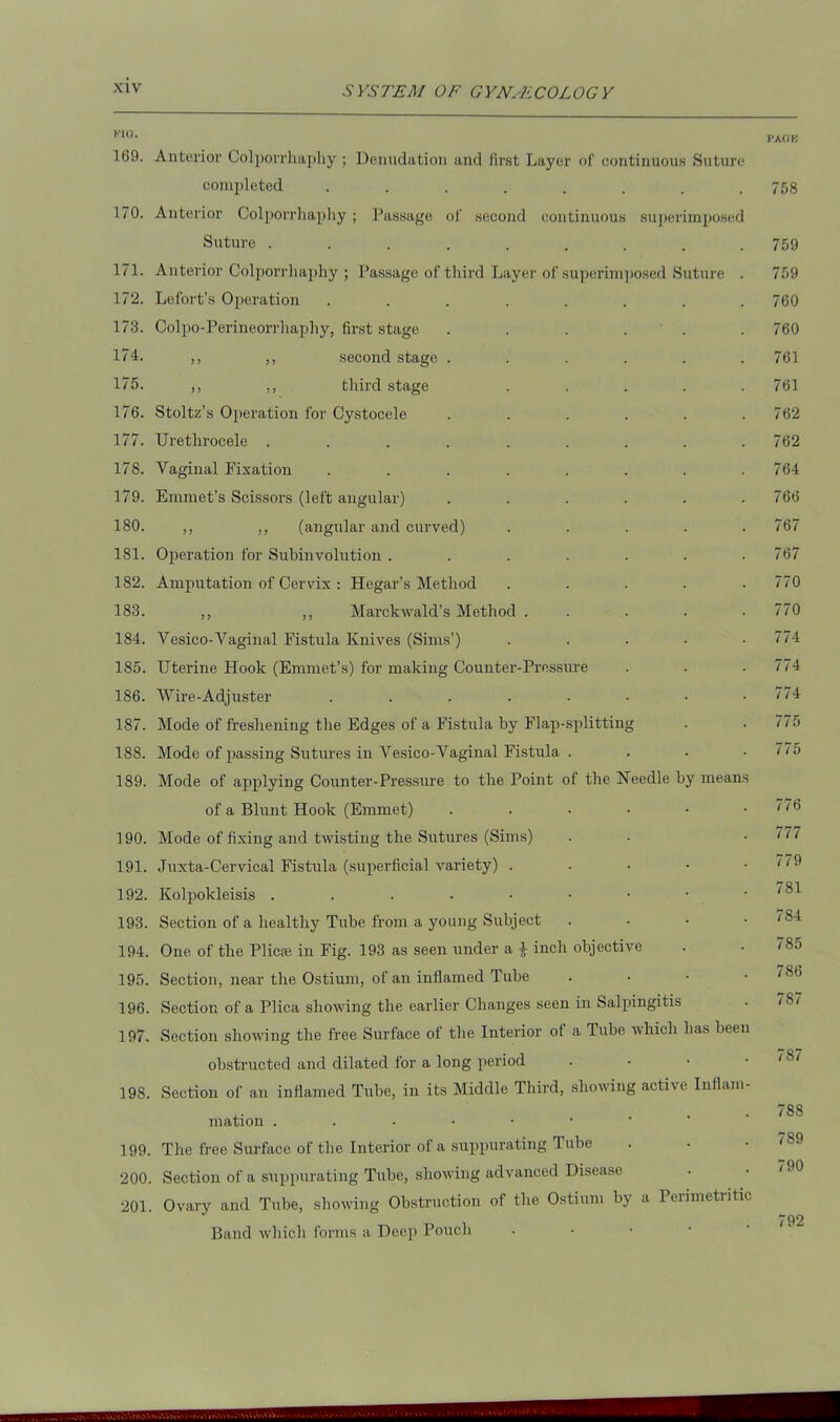 EIG. 169. Anterior Colporrhapliy ; Denudation and first Layer of continuous Suture completed ........ 170. Anterior Colporrhapliy ; Passage of second continuous superimposed Suture ......... 171. Anterior Colporrhapliy ; Passage of third Layer of superimposed Suture . 172. Lefort’s Operation ........ 173. Colpo-Perineorrhaphy, first stage . . . . 174. ,, ,, second stage ...... 175. ,, ,, third stage ..... 176. Stoltz’s Operation for Cystocele ...... 177. Urethrocele ......... 178. Vaginal Fixation ........ 179. Emmet’s Scissors (left angular) ...... 180. ,, ,, (angular and curved) ..... 181. Operation for Subinvolution ....... 182. Amputation of Cervix : Hegar’s Method ..... 183. ,, ,, Marckwald’s Method ..... 184. Vesico-Vaginal Fistula Knives (Sims’) ..... 185. Uterine Hook (Emmet’s) for making Counter-Pressure 186. Wire-Adjuster 187. Mode of freshening the Edges of a Fistula by Flap-splitting 188. Mode of passing Sutures in Vesico-Vaginal Fistula . 189. Mode of applying Counter-Pressure to the Point of the Needle by means of a Blunt Hook (Emmet) ....•• 190. Mode of fixing and twisting the Sutures (Sims) 191. Juxta-Cervical Fistula (superficial variety) . 192. Kolpokleisis ....••••• 193. Section of a healthy Tube from a young Subject • 194. One of the Plic«e in Fig. 193 as seen under a i inch objective 195. Section, near the Ostium, of an inflamed Tube 196. Section of a Plica showing the earlier Changes seen in Salpingitis 197. Section showing the free Surface of the Interior ot a Tube which has been obstructed and dilated for a long period 198. Section of an inflamed Tube, in its Middle Third, showing active Inflam- mation ..-•••• 199. The free Surface of the Interior of a suppurating Tube 200. Section of a suppurating Tube, showing advanced Disease 201. Ovary and Tube, showing Obstruction of the Ostium by a Perimetritic Band which forms a Deep Pouch PAGE 758 759 759 760 760 761 761 762 762 764 766 767 767 770 770 774 774 774 775 775 776 777 779 781 784 785 786 787 787 788 789 790 792