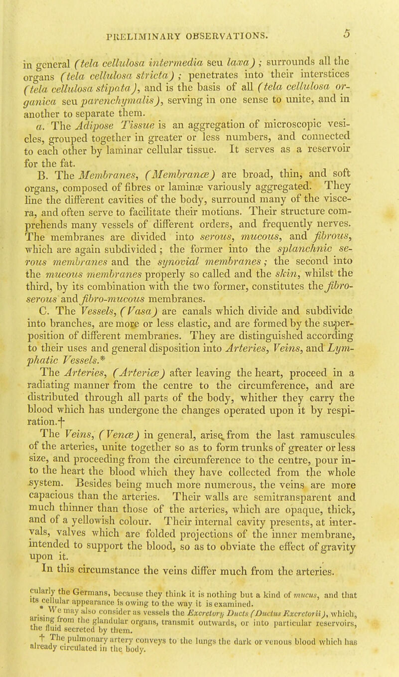 in -cneral (tela cellulosa intermedia seu lacca) ; surrounds all the ort^ans (tela cellulosa strictaJ ; penetrates into their interstices (t'ela cellulosa stipataj, and is the basis of all (tela cellulosa or- ganica seu parenchymalis), serving in one sense to unite, and in another to separate them. a. The Adipose Tissue is an aggregation of microscopic vesi- cles, grouped together in greater or less numbers, and connected to each other by laminar cellular tissue. It serves as a reservoir for the fat. B. The Membranes, (Membrance) are broad, thin^ and soft organs, composed of fibres or laminae variously aggregated. They line the different cavities of the body, surround many of the visce- ra, and often serve to facilitate their motions. Their structure com- prehends many vessels of different orders, and frequently nerves. The membranes are divided into serous, mucous, and fibrous^ which are again subdivided; the former into the splanchnic se- rous membranes and the synovial membranes; the second into the mucous membranes properly so called and the skin, whilst the third, by its combination with the two former, constitutes the Jibro- se?'OM« and Jibro-mucous membranes. C. The Vessels, (Fasa) are canals which divide and subdivide into branches, are moi;p or less elastic, and are formed by the super- position of different membranes. They are distinguished according to their uses and general disposition into Arteries, Veins, and Lym- phatic Vessels.* The Arteries, (Arteries) after leaving the heart, proceed in a radiating manner from the centre to the circumference, and are distributed through all parts of the body, whither they carry the blood which has undergone the changes operated upon it by respi- ration.j- The Veins, (Vencs) in general, aris^from the last ramuscules of the arteries, unite together so as to form trunks of greater or less size, and proceeding from the circumference to the centre, pour in- to the heart the blood which they have collected from the whole system. Besides being much more numerous, the veins are more capacious than the arteries. Their walls are semitransparent and much thinner than those of the arteries, which are opaque, thick, and of a yellowish colour. Their internal cavity presents, at inter- yals, valves which are folded projections of the inner membrane, intended to support the blood, so as to obviate the effect of gravity upon it. In this circumstance the veins differ much from the arteries. cularly the Germans, because they think it is nothing but a kind of jnucus, and that Its cellular appearance is owing to the way it is examined. _ n e may also consider as vessels the Excretory Duels (Ductus ExcrcloriiJ, which, arising from the glandular organs, transmit outwards, or into particular reservoirs, the fluid secreted by them. t The pulmonary artery conveys to the lungs the dark or venous blood which has already circulated in the body.