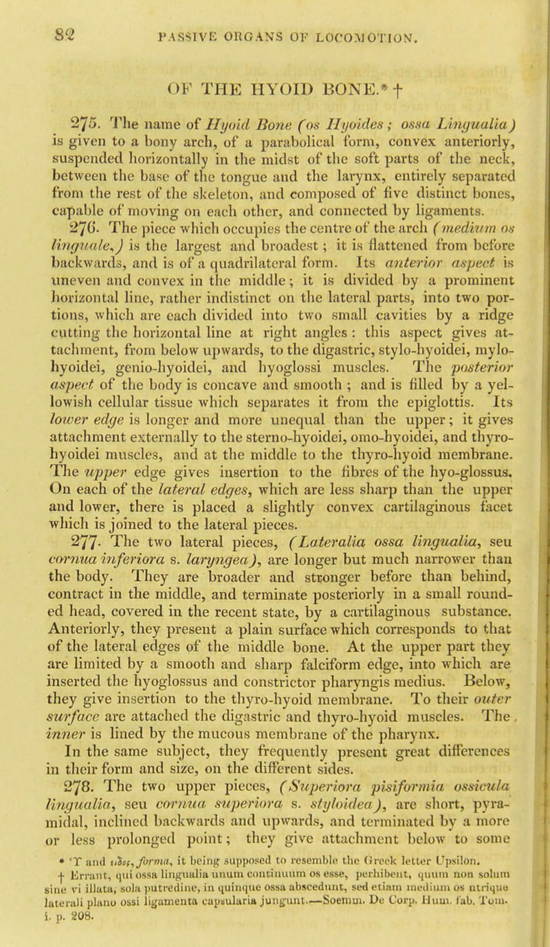 OF THE HYOID BONE* f 275. ''J^'lie name of Uyoid Bo7ie (os Hyoides; ossa Linyualia) is given to a bony arch, of a parabolical form, convex anteriorly, suspended horizontally in the midst of the soft parts of the neck, between the base of the tongue and the larynx, entirely separated from tlie rest of the skeleton, and composed of five distinct bones, capable of moving on each other, and connected by ligaments. 270. The piece which occupies the centre of the arch (medium on linguule^) is the largest and broadest; it is flattened from before backwards, and is of a quadrilateral form. Its anterior aspect is uneven and convex in the middle; it is divided by a prominent horizontal line, I'ather indistinct on the lateral parts, into two por- tions, which are each divided into two small cavities by a ridge cutting the horizontal line at right angles : this aspect gives at- tachment, from below upwards, to the digastric, stylo-hyoidei, mylo- hyoidei, genio-hyoidei, and hyoglossi muscles. The posterior aspect of the body is concave and smooth ; and is filled by a yel- lowish cellular tissue which separates it from the epiglottis. Its loiver edge is longer and more unequal than the upper; it gives attachment externally to the sterno-hyoidei, onio-hyoidei, and thyro- hyoidei muscles, and at the middle to the thyro-hyoid membrane. The upper edge gives insertion to the fibres of the hyo-glossus. On each of the lateral edges, which are less sharp than the upper and lower, there is placed a slightly convex cartilaginous facet which is joined to the lateral pieces. 277- The two lateral pieces, (Lateralta ossa lingualia, seu cmmua inferiora s. laryoigea), are longer but much narrower tlian the body. They are broader and stronger before than behind, contract in the middle, and terminate posteriorly in a small round- ed head, covered in the recent state, by a cartilaginous substance. Anteriorly, they present a plain surface which corresponds to that of the lateral edges of the middle bone. At the upper part they are limited by a smooth and sharp falciform edge, into which are inserted the hyoglossus and constrictor pharyngis medius. Below, they give insertion to the thyro-hyoid membrane. To their outer surface are attached the digastric and thyro-hyoid muscles. The inner is lined by the mucous membrane of the pharynx. In the same subject, they frequently present great diflerences in their form and size, on the different sides. 278. The two upper pieces, (Superior a pisiformia ossicula lingualia, seu cornua superiora s. styloidea), are short, pyra- midal, inclined backwards and upwards, and terminated by a more or less prolonged point; they give attachment below to some » 'T and tiSos^ forma, it being supposed to resemblo the (ireek Kntor Upsilon. ■f Errant, qui ossa lingualia unum continuum os esse, purhibent, quuin non solum sine ri illata, sola putredine, in quinque ossa abscedunt, sed etiam medium os utriquu laterali piano ossi ligamenta capsularm junguut.;—Soemm. De Corp. Hum, lab. Tom. i. p. 208.