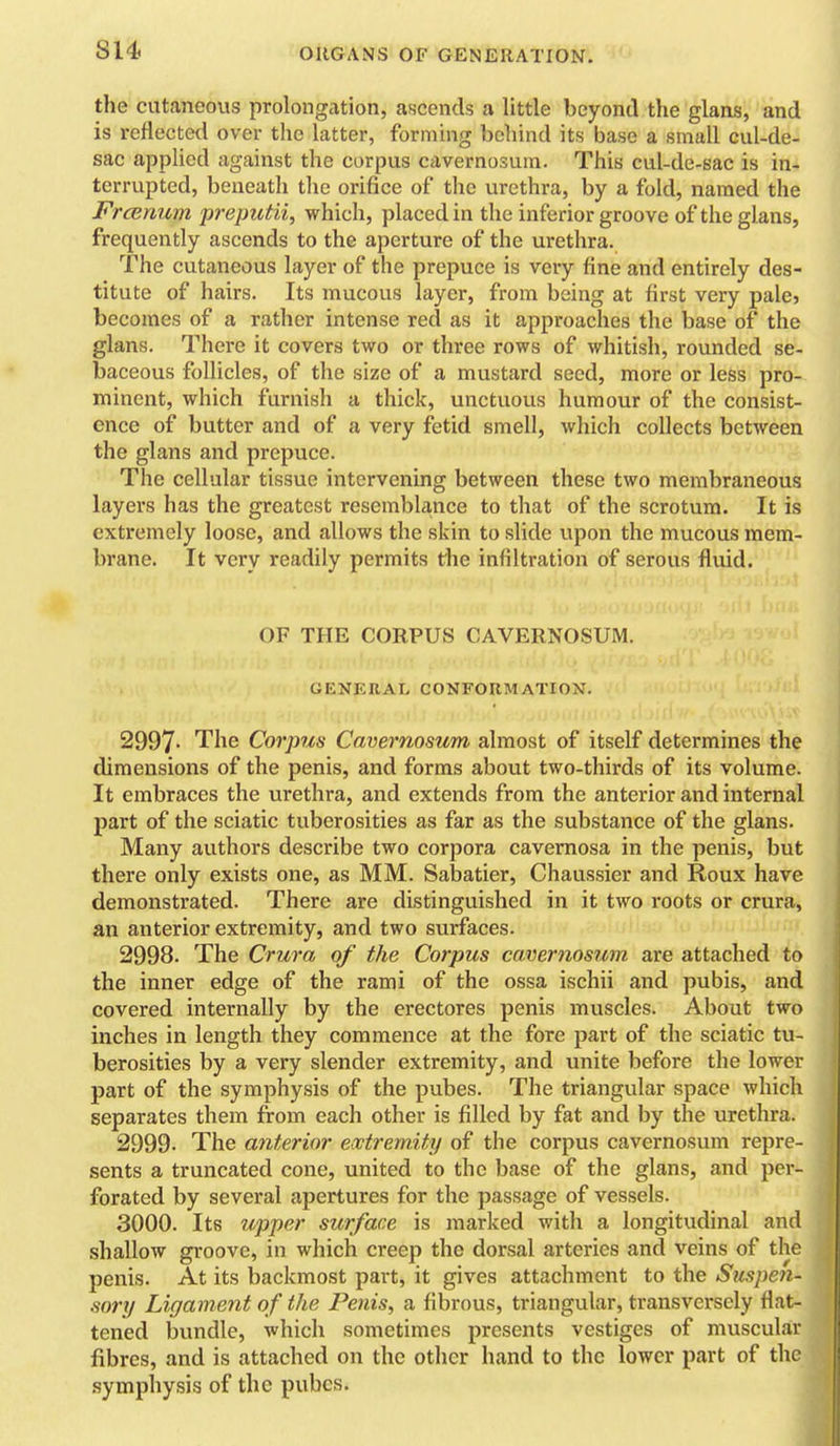 the cutaneous prolongation, ascends a little beyond the glans, and is reflected over the latter, forming behind its base a small cul-de- sac apphed against the corpus cavernosum. This cul-de-sac is in- terrupted, beneath the orifice of the urethra, by a fold, named the Frcenum p?'eputii, which, placed in the inferior groove of the glans, frequently ascends to the aperture of the urethra. The cutaneous layer of the prepuce is very fine and entirely des- titute of hairs. Its mucous layer, from being at first very palcj becomes of a rather intense red as it approaches the base of the glans. There it covers two or three rows of whitish, rounded se- baceous follicles, of the size of a mustard seed, more or less pro- minent, which furnish a thick, unctuous humour of the consist- ence of butter and of a very fetid smell, which collects between the glans and prepuce. The cellular tissue intervening between these two membraneous layers has the greatest resemblance to that of the scrotum. It is extremely loose, and allows the skin to slide upon the mucous mem- brane. It very readily permits the infiltration of serous fluid. OF THE CORPUS CAVERNOSUM. GENERAL CONFORMATION. 2997- The Corpus Cavernosum almost of itself determines the dimensions of the penis, and forms about two-thirds of its volume. It embraces the urethra, and extends from the anterior and internal part of the sciatic tuberosities as far as the substance of the glans. Many authors describe two corpora cavernosa in the penis, but there only exists one, as MM. Sabatier, Chaussier and Roux have demonstrated. There are distinguished in it two roots or crura, an anterior extremity, and two surfaces. 2998. The Crura of the Corpus cavernosum are attached to the inner edge of the rami of the ossa ischii and pubis, and covered internally by the erectores penis muscles. About two inches in length they commence at the fore part of the sciatic tu- berosities by a very slender extremity, and unite before the lower part of the symphysis of the pubes. The triangular space which separates them from each other is filled by fat and by the urethra. 2999- The anterior eoctremity of the corpus cavernosum repre- sents a truncated cone, united to the base of the glans, and per- forated by several apertures for the passage of vessels. 3000. Its upper surface is marked with a longitudinal and shallow groove, in which creep the dorsal arteries and veins of the penis. At its backmost part, it gives attachment to the Suspen- sory Ligament of the Penis, a fibrous, triangular, transversely flat- tened bundle, which sometimes presents vestiges of musculair fibres, and is attached on the other hand to the lower part of the .symphysis of the pubes.