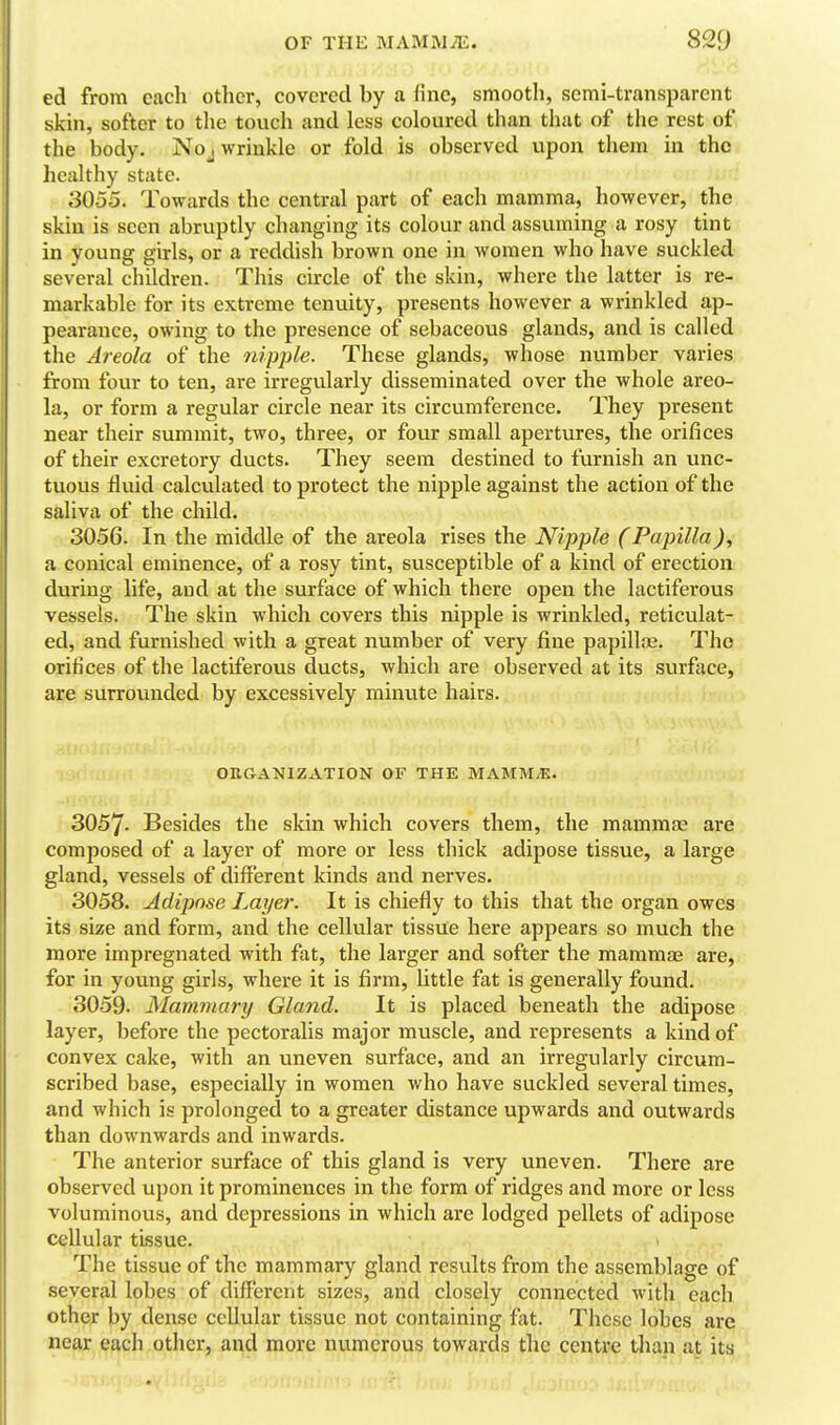 ed from each otlier, covered by a fine, smooth, semi-transparent skin, softer to the touch and less coloured than that of the rest of the body. Noj wrinkle or fold is observed upon them in the healthy state. 3055. Towards the central part of each mamma, however, the skin is seen abruptly changing its colour and assuming a rosy tint in young girls, or a reddish brown one in women who have suckled several children. This circle of the skin, where the latter is re- markable for its extreme tenuity, presents however a wrinkled ap- pearance, owing to the presence of sebaceous glands, and is called the Areola of the nipjjle. These glands, whose number varies from four to ten, are irregularly disseminated over the whole areo- la, or form a regular circle near its circumference. They present near their summit, two, three, or four small apertures, the orifices of their excretory ducts. They seem destined to furnish an unc- tuous fluid calculated to protect the nipple against the action of the saliva of the child. 3056. In the middle of the areola rises the Nipple (Papilla), a conical eminence, of a rosy tint, susceptible of a kind of erection during life, and at the surface of which there open the lactiferous vessels. The skin which covers this nipple is wrinkled, reticulat- ed, and furnished with a great number of very fine papillae. The orifices of the lactiferous ducts, which are observed at its surface, are surrounded by excessively minute hairs. ORGANIZATION OF THE MAMMiE. 3057- Besides the skin which covers them, the mammas are composed of a layer of more or less thick adipose tissue, a large gland, vessels of different kinds and nerves. 3058. Adipose Layei: It is chiefly to this that the organ owes its size and form, and the cellular tissue here appears so much the more impregnated with fat, the larger and softer the mammjE are, for in young girls, where it is firm, little fat is generally found. 3059. Mammary Gland. It is placed beneath the adipose layer, before the pectoralis major muscle, and represents a kind of convex cake, with an uneven surface, and an irregularly circum- scribed base, especially in women who have suckled several times, and which is prolonged to a greater distance upwards and outwards than downwards and inwards. The anterior surface of this gland is very uneven. There are observed upon it prominences in the form of ridges and more or less voluminous, and depressions in which are lodged pellets of adipose cellular tissue. The tissue of the mammary gland results from the assemblage of several lobes of different sizes, and closely connected with each other by dense cellular tissue not containing fat. These lobes are near each other, and more numerous towards the centre Uian af its