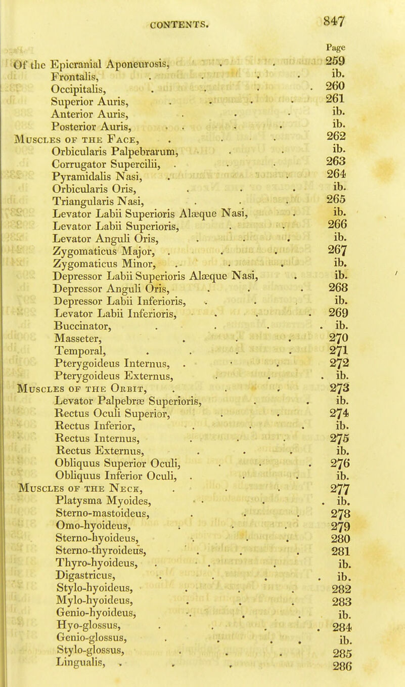 ,-8M.. Page ^^©f the Epicranial Aponeurosis, . • 269 Frontalis, . • . ib. Occipitalis, . • • .260 Superior Auris, .... 261 Anterior Auris, • • . ib. Posterior Auris, . . • • Muscles of the Face, . • • 262 Orbicularis Palpebrarum, • ■ Corrugator Supercilii, • 263 Pyramidalis Nasi, . • 264 Orbicularis Oris, . • . ib. idi Triangularis Nasi, . . • 265 Levator Labii Superioris Alaeque Nasi, . ib. Levator Labii Superioris, . • 266 Levator Anguli Oris, . . . ib. Zygomaticus Major, . . . 267 Zygomaticus Minor, . . . ib. Depressor Labii Superioris AJoeque Nasi, . ib. Depressor Anguli Oris, . . • 268 Depressor Labii Inferioris, . . , ib. Levator Labii Inferioris, • • • 269 Buccinator, . . . . ib. Masseter, . . . 270 Temporal, ... . 271 Pterygoideus Internus, . • . 272 Pterygoideus Externus, . . . ib. Muscles of the Orbit, . . . 273 Levator Palpebrae Superioris, . . ib. Rectus Oculi Superior, . • 274 Rectus Inferior, . • . ib. Rectus Internus, . . . 275 Rectus Externus, . . . ib. Obliquus Superior Oculi, . • .276 Obliquus Inferior Oculi, . • . ib. Muscles of the Neck, . . . 277 Platysma Myoides, ■ • . . ib. Sterno-mastoideus, . . . 278 Omo-hyoideu8, . . . 279 Sterno-hyoideus, . . . 280 Sterno-thyroideus, ' . . . 281 Thyro-hyoideus, . ■ . . ib. Digastricus, . . . . ib. Stylo-hyoideus, . . . 282 Mylo-hyoideus, . . . 283 Genio-hyoideus, •. . . ib. Hyo-glossus, . . . .284 Genio-glossus, . , . . ib. Stylo-glossus, . . . ' 285 Lingualis, , . , 286