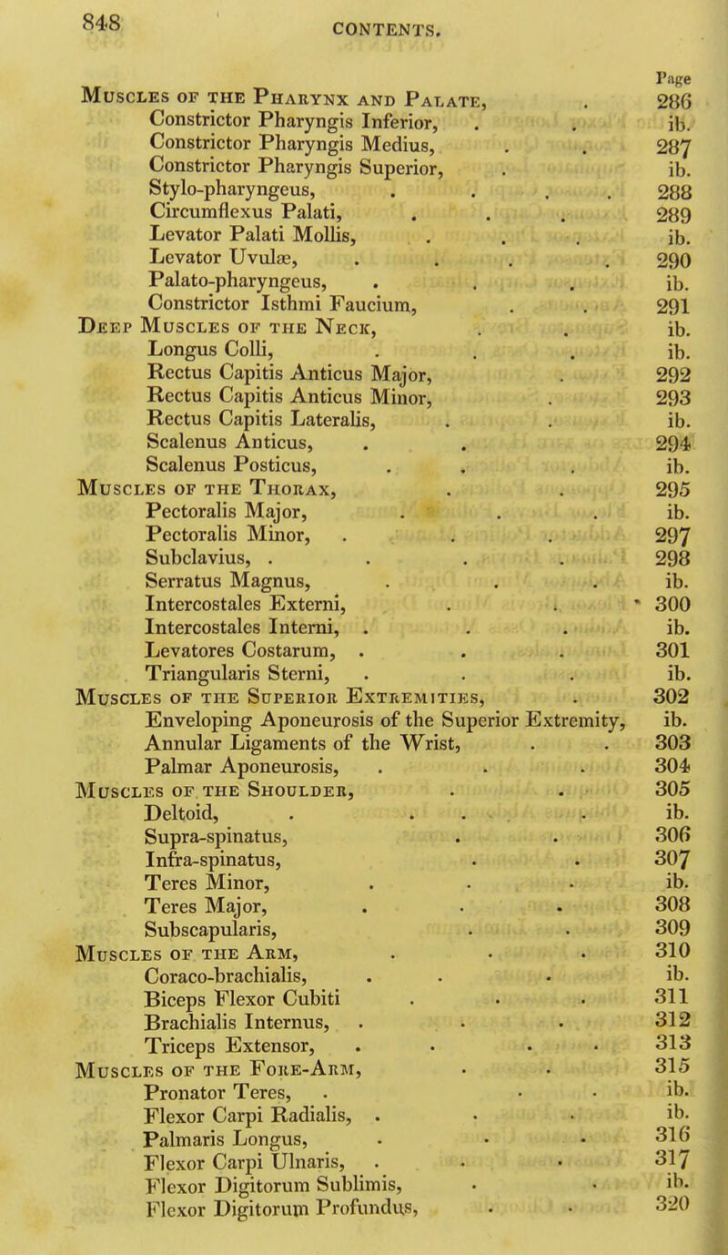 CONTENTS. Page Muscles of the Pharynx and Palate, . 286 Constrictor Pharyngis Inferior, , , ib. Constrictor Pharyngis Medius, . . 287 Constrictor Pharyngis Superior, . ib. Stylo-pharyngeus, . ... 288 Circumflexus Palati, . . . 289 Levator Palati Mollis, . . . ib. Levator Uvulae, ... . 290 Palato-pharyngeus, • . . ib. Constrictor Isthmi Faucium, . 291 Deep Muscles of the Neck, . . ib. Longus Colli, . . . ib. Rectus Capitis Anticus Major, . 292 Rectus Capitis Anticus Minor, . 293 Rectus Capitis Lateralis, , . ib. Scalenus Anticus, . . 294 Scalenus Posticus, . . , ib. Muscles of the Thorax, . . 295 Pectoralis Major, . . . ib. Pectoralis Minor, . . . 297 Subclavius, .... 298 Serratus Magnus, . . . ib. Intercostales Externi, . .  300 Intercostales Intemi, ... ib. Levatores Costarum, . . . 301 Triangularis Sterni, . . . ib. Muscles of the Superior Extremities, . 302 Enveloping Aponeurosis of the Superior Extremity, ib. Annular Ligaments of the Wrist, . . 303 Palmar Aponeurosis, . . . 304 Muscles of the Shoulder, . . 305 Deltoid, . ... . ib. Supra-spinatus, . . 306 Infra-spinatus, . . 307 Teres Minor, . . . ib. Teres Major, ... 308 Subscapularis, . . 309 Muscles of the Arm, . • • 310 Coraco-brachialis, . . • ib. Biceps Flexor Cubiti . . • 311 Brachialis Internus, . • • 312 Triceps Extensor, . . . . 313 Muscles of the Fore-Arm, • • 315 Pronator Teres, . . . ib. Flexor Carpi Radialis, . . . ib. Palmaris Longus, . • .316 Flexor Carpi Ulnaris, . . • 317 Flexor Digitorum Sublimis, • • ib. Flexor Digitorum Profundus, . . 320