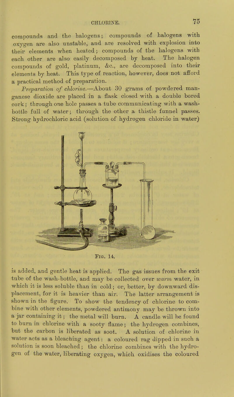 compounds and the halogens; compounds of halogens with oxygen are also unstable, and are resolved with explosion into their elements when heated; compounds of the halogens with each other are also easily decomposed by heat. The halogen compounds of gold, platinum, &c., are decomposed into their elements by heat. This type of reaction, however, does not afford a practical method of preparation. Preparation of chlorine.—About 30 grams of powdered man- ganese dioxide are placed in a flask closed with a double bored cork; through one hole passes a tube communicating with a wash- bottle full of water; through the other a thistle funnel passes. Strong hydrochloric acid (solution of hydrogen chloride in water) Fig. 14. is added, and gentle heat is applied. The gas issues from the exit tube of the wash-bottle, and may be collected over warm water, in which it is less soluble than in cold; or, better, by downward dis- placement, for it is heavier than air. The latter arrangement is shown in the figure. To show the tendency of chlorine to com- bine with other elements, powdered antimony may be thrown into a jar containing it; the metal will burn. A candle will be found to bum in chlorine with a sooty flame; the hydrogen combines, but the carbon is liberated as soot. A solution of chlorine in water acts as a bleaching agent: a coloured rag dipped in such a solution is soon bleached; the chlorine combines with the hydi*o- gen of the water, liberating oxygen, which oxidises the coloured