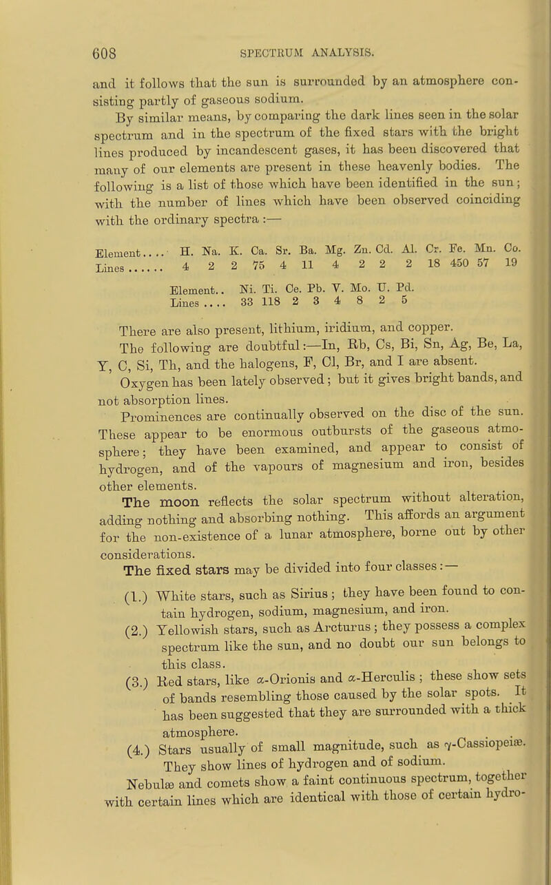 and it follows that the sun is surrounded by an atmosphere con- sisting partly of gaseous sodium. By similar means, by comparing the dark lines seen in the solar spectrum and in the spectrum of the fixed stars with the bright lines produced by incandescent gases, it has been discovered that many of our elements are present in these heavenly bodies. The following is a list of those which have been identified in the sun; with the number of lines which have been observed coinciding with the ordinary spectra :— Element.... H. Na. K. Ca. Sr. Ba. Mg. Zn. Cel. Al. Cr. Fe. Mn. Co. Lines 4 2 2 75 4 11 4 2 2 2 18 450 57 19 Element.. Ni. Ti. Ce. Pb. V. Mo. U. Pd. Lines .... 33 118 2 3 4 8 2 5 There are also present, lithium, iridium, and copper. The following are doubtful:—In, Rb, Cs, Bi, Sn, Ag, Be, La, T, C, Si, Th, and the halogens, F, CI, Br, and I are absent. ' Oxygen has been lately observed; but it gives bright bands, and not absorption lines. Prominences are continually observed on the disc of the sun. These appear to be enormous outbursts of the gaseous atmo- sphere; they have been examined, and appear to consist of hydrogen, and of the vapours of magnesium and iron, besides other elements. The moon reflects the solar spectrum without alteration, adding nothing and absorbing nothing. This afPords an argument for the non-existence of a lunar atmosphere, borne out by other considerations. The fixed stars may be divided into four classes :— (I.) White stars, such as Sirius ; they have been found to con- tain hydrogen, sodium, magnesium, and iron. (2.) Yellowish stars, such as Arcturus ; they possess a complex spectrum like the sun, and no doubt our sun belongs to (3.) Ked stars, like a-Orionis and a-Herculis ; these show sets of bands resembling those caused by the solar spots. ^ It has been suggested that they are surrounded with a thick atmosphere. (4) Stars usually of small magnitude, such as 7-Cassiopei». They show lines of hydrogen and of sodium. Nebulge and comets show a faint continuous spectrum, together with certain lines which are identical with those of certam hydro-