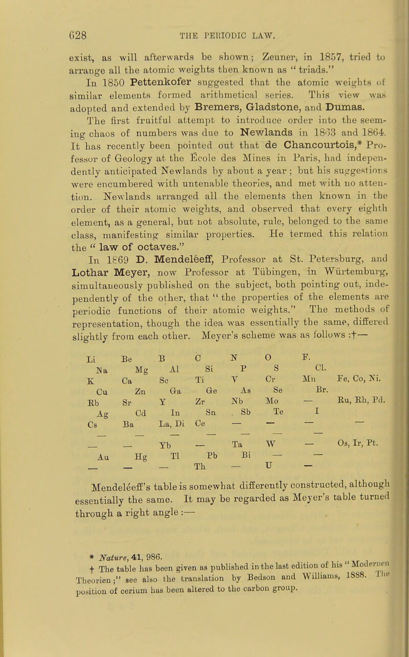 exist, as will afterwards be shown; Zeuner, in 1857, tried to arrange all the atomic weights then known as triads. In 1850 Pettenkofer suggested that the atomic weights of similar elements formed arithmetical series. This view was adopted and extended by Bremers, Gladstone, and Dumas. The first fruitful attempt to introduce order into the seem- ing chaos of numbers was due to Newlands in 18o3 and 1864. It has recently been pointed out that de Chancourtois,* Pro- fessor of Geology at the Eeole des Mines in Paris, had indepen- dently anticipated Newlands by about a year ; but his sujrgestioTis were encumbered with untenable theories, and met with no atteu- ti(m. Newlands arranged all the elements then known in the order of their atomic weights, and observed that every eighth element, as a general, but not absolute, rule, belonged to the same class, manifesting similar properties. He termed this relation the  law of octaves. In 1869 D. Mendeleeff, Professor at St. Petersburg, and Lothar Meyer, now Professor at Tiibingen, in Wiirtembui-g, simultaneously published on the subject, both pointing out, inde- pendently of the other, that  the pi-operties of the elements are periodic functions of their atomic weights. The methods of representation, though the idea was essentially the same, differed slightly from each other. Meyer's scheme was as follows :t— Li Be B C N 0 F. Wa Mg Al Si P S CI. K Ca So Ti V Ci- Mn Fe. Co, iSi. Cu Zn Ga ae As Se Br. Rb Sl- Y Zr Nb Mo Eu, Bb, P(l Ag ed In Sn . Sb Te I Cs Ba La, Di Ce Yb Ta W Os, Ir, Pt. Au Hg Tl Pb Bi Tb U Mendeleeff's table is somewhat differently constructed, although essentially the same. It may be regarded as Meyer's table turned through a right angle :— * Nature, 41, 986. t Tbe table has been given as published in the last edition of his  Modernen Theorien; see also Mie translation by Bedson and Williams, 1888. i ho position of cerium has been altered to tbe carbon group.