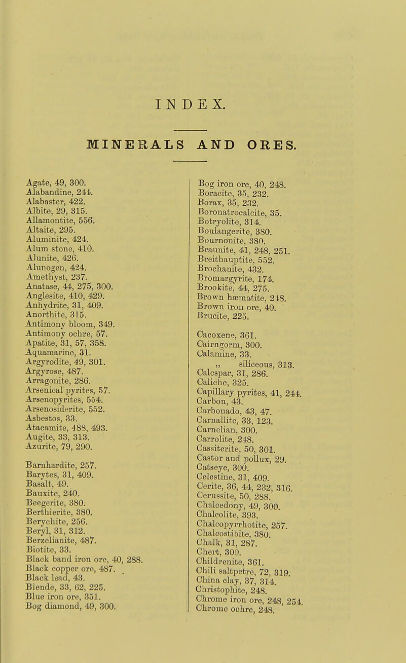 INDEX. MINERALS AND ORES. Agate, 49, 300. AJabandine, 24 i. Alabaster, 422. Albite, 29, 315. Allamontite, 556. Altaite, 295. Aluminite, 424. Alum stone, 410. Alunite, 426. Alunogen, 424. Amethyst, 237. Anatase, 44, 275, 300. Anglesite, 410, 429. Anhydrite, 31, 409. Anorthite, 315. Antimony bloom, 349. Antimony ochre, 57. Apatite, 31, 57, 358. Aquamarine, 31. Argyrodite, 49, 301. Argyrose, 487. Arragonite, 286. Arsenical pyrites, 57. Arsenopyrites, 554. Arsenosiderite, 552. Asbestos, 33. Atacamite, 488, 493. Augite, 33, 313. Azurite, 79, 290. Barnliardite, 257. Barytes, 31, 409. Basalt, 49. Bauxite, 240. Beegerite, 380. Berthierite, 380. Berychite, 256. Beryl, 31, 312. Berzelianite, 487. Biotite, 33. Black band iron ore, 40, 288. Black copper ore, 487. Black lead, 43. Blende, 33, 62, 225. Blue iron ore, 351. Bog diamond, 49, 300. Bog iron ore, 40, 248. Boracite, 35, 232. Borax, 35, 232. Boronatrocalcite, 35. Botryolite, 314. Boulangerite, 380. Bournonite, 380. Braunite, 41, 248, 251. Bi-eithauptite, 552. Brochanite, 432. Bromargyrite, 174. Brookite, 44, 275. Brown hsemafite, 218. Brown iron ore, 40. Brucite, 225. Cacoxene, 361. Caii-ngorm, 300. Calamine, 33. „ siliceous, 313. Calcspar, 31, 286. Caliche, 325. Capillary pyrites, 41, 244. Carbon, 43. Carbouado, 43, 47. Carnallite, 33, 123. Carnelian, 300. Carrolite, 248. Cassiterite, 50, 301. Castor and poUux, 29. Catseye, 300. Celestine, 31, 409. Cerite, 36, 44, 232, 316. Cerussite, 50, 288. Chalcedony, 49, 300. Chalcolite, 393. Chalcopyrrhotite, 257. Chalcostibite, 380. Chalk, 31, 287. Chert, 300. Childrenite, 361. Chili saltpetre, 72, 319. China clay, 37, 314. Christophite, 248. Chrome iron ore, 248, 254. Chrome ochre, 248.