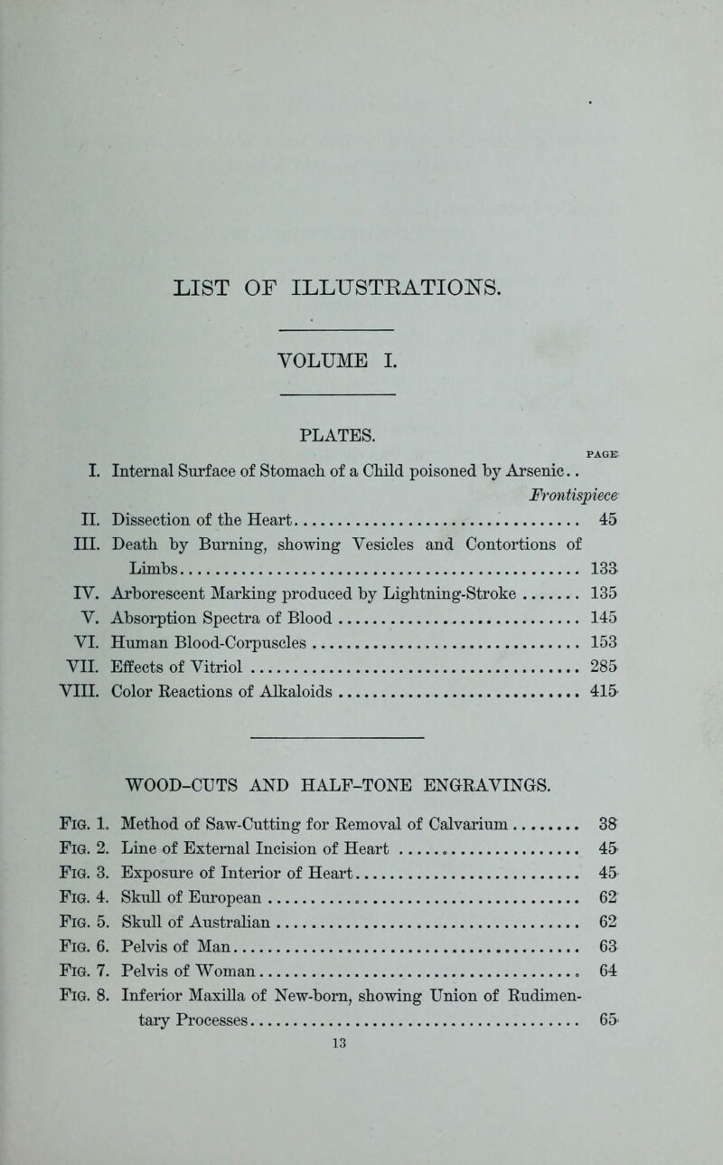 LIST OF ILLUSTRATIONS. VOLUME I. PLATES. PAGE I. Internal Surface of Stomach, of a Child poisoned by Arsenic.. jFrontispiece II. Dissection of the Heart 45 III. Death by Burning, showing Vesicles and Contortions of Limbs 133 IV. Arborescent Marking produced by Lightning-Stroke 135 V. Absorption Spectra of Blood 145 VI. Human Blood-Corpuscles 153 VII. Effects of Vitriol 285 VIII. Color Reactions of Alkaloids 415 WOOD-CUTS AND HALF-TONE ENGRAVINGS. Fig. 1. Method of Saw-Cutting for Removal of Calvarium 38 Fig. 2. Line of External Incision of Heart „ 45 Fig. 3. Exposure of Interior of Heart 45 Fig. 4. Skull of European 62 Fig. 5. Skull of Australian 62 Fig. 6. Pelvis of Man 63 Fig. 7. Pelvis of Woman 64 Fig. 8. Inferior Maxilla of New-born, showing Union of Rudimen- tary Processes 65