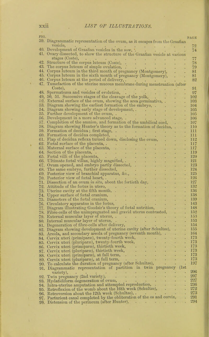 > FIG. 39. Diagrammatic representation of the ovum, as it escapes from the Graafian vesicle, ............ 40. Development of Graafian vesicles in the sow, * 41. Ovary dissected, to show the structure of the Graafian vesicle at various stages (Coste), 42. Structure of the corpus luteum (Goste), 43. The corpus luteum of simple ovulation, 44. Corpus luteum in the third month of pregnancy (Montgomery), 45. Corpus luteum in the sixth month of pregnancy (Montgomery), 46. Corpus luteum at the period of delivery, 47. Tumefaction of the uterine mucous membrane during menstruation (after Coste), ............ 48. Spermatozoa and vesicles of evolution, 49. 50, 51. Successive stages of the cleavage of the yolk, .... 52. External surface of the ovum, showing the area germinativa, . 53. Diagram showing the earliest formation of the embryo, .... 54. Diagram showing early stage of development, 55. Eurther development of the ovum, 56. Development in a more advanced stage. ....... 57. Completion of the amnion, and formation of the umbilical cord, 58. Diagram showing Hunter’s theory as to the formation of decidua, . 59. Formation of decidua; first stage, . 60. Formation of decidua completed, ........ 61. Flap of decidua reflexa turned down, disclosing the ovum, 62. Foetal surface of the placenta, 63. Maternal surface of the placenta, 64. Section of the placenta, 65. Foetal villi of the placenta, ......... 66. Ultimate foetal villus, highly magnified, ....... 67. Ovum opened, and embryo partly dissected, 68. The same embryo, further dissected, ....... 69. Posterior view of branchial apparatus, &e. 70. Posterior view of foetal heart, ......... 71. Dissection of an ovum in situ, about the fortieth day, .... 72. Attitude of the foetus iu utero, ........ 73. Uterine cavity at the fifth month, ........ 74. Upper surface of foetal cranium, ........ 75. Diameters of the foetal cranium, ........ 76. Circulatory apparatus in the foetus, ....... 77. Diagram illustrating Goodsir’s theory of foetal nutrition, 78. Fibre-cells of the unimpregnated and gravid uterus contrasted, 79. External muscular layer of uterus, 80. Internal muscular layer of uterus, 81. Degeneration of fibre-cells after delivery, 82. Diagram showing development of uterine cavity (after Schultze), . 83. Areola, and secondary areola of pregnancy (seventh month), . 84. Cervix uteri (primiparse), twenty-fourth week, 85. Cervix uteri (pluriparse), twenty-fourth week, 86. Cervix uteri (primiparse), thirtieth week, 87. Cervix uteri (pluriparse), thirtieth week, 88. Cervix uteri (primiparse), at full term, 89. Cervix uteri (pluriparse), at full term, . 90. To calculate the duration of pregnancy (after Schultze), 91. Diagrammatic representation of partition in twin pregnancy (1st variety), 92. Twin pregnancy (2nd variety), 93. Hydatidiform degeneration of ovum, . 94. Intra-uterine amputation and attempted reproduction, .... 95. Retroflexion of the womb about the 16th week (Schultze), 96. Retroversion about the 12th week (Schultze), 97. Parturient canal completed by the obliteration of the os and cervix, 98. Distension of the perineum (after Hunter), PAG H 74 77 78 79 81 81 82 91 97 102 103 104 105 105 106 107 110 111 111 112 117 117 119 120 121 123 124 125 126 127 132 136 13S 139 143 14S 152 153 153 154 155 164 173 173 173 173 173 173 197 206 207 227 236 272 273 291 294