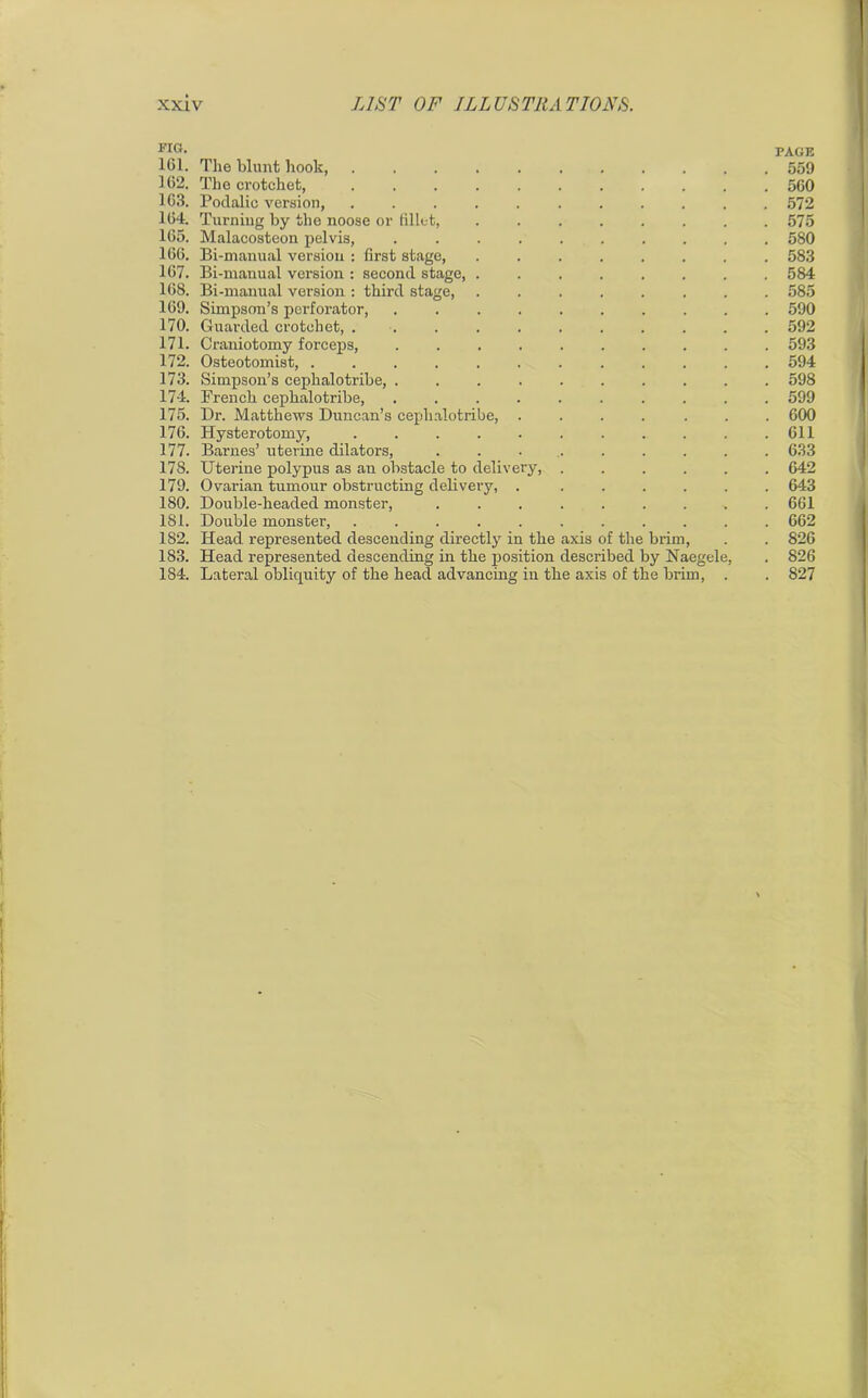 FIG* PAGE 161. The blunt hook 559 102. The crotchet, ........... 560 103. Podalic version, ........... 572 104. Turning by the noose or iillot, 575 165. Malacosteon pelvis, .......... 580 166. Bi-manual version : first stage, ........ 583 167. Bi-manual version : second stage, ........ 584 168. Bi-manual version : third stage, ........ 585 169. Simpson’s perforator, .......... 590 170. Guarded crotchet, ........... 592 171. Craniotomy forceps, .......... 593 172. Osteotomist, 594 173. Simpson’s cephalotribe, 598 174. French cephalotribe, .......... 599 175. Dr. Matthews Duncan’s cephalotribe, .... ... 600 176. Hysterotomy, ........... 611 177. Barnes’ uterine dilators, 633 178. Uterine polypus as an obstacle to delivery, 642 179. Ovarian tumour obstructing delivery, . 643 180. Double-headed monster, . . . . . . . . .661 181. Double monster, ........... 662 182. Head represented descending directly in the axis of the brim, . . 826 183. Head represented descending in the position described by Naegele, . 826 184. Lateral obliquity of the head advancing in the axis of the brim, . . 827