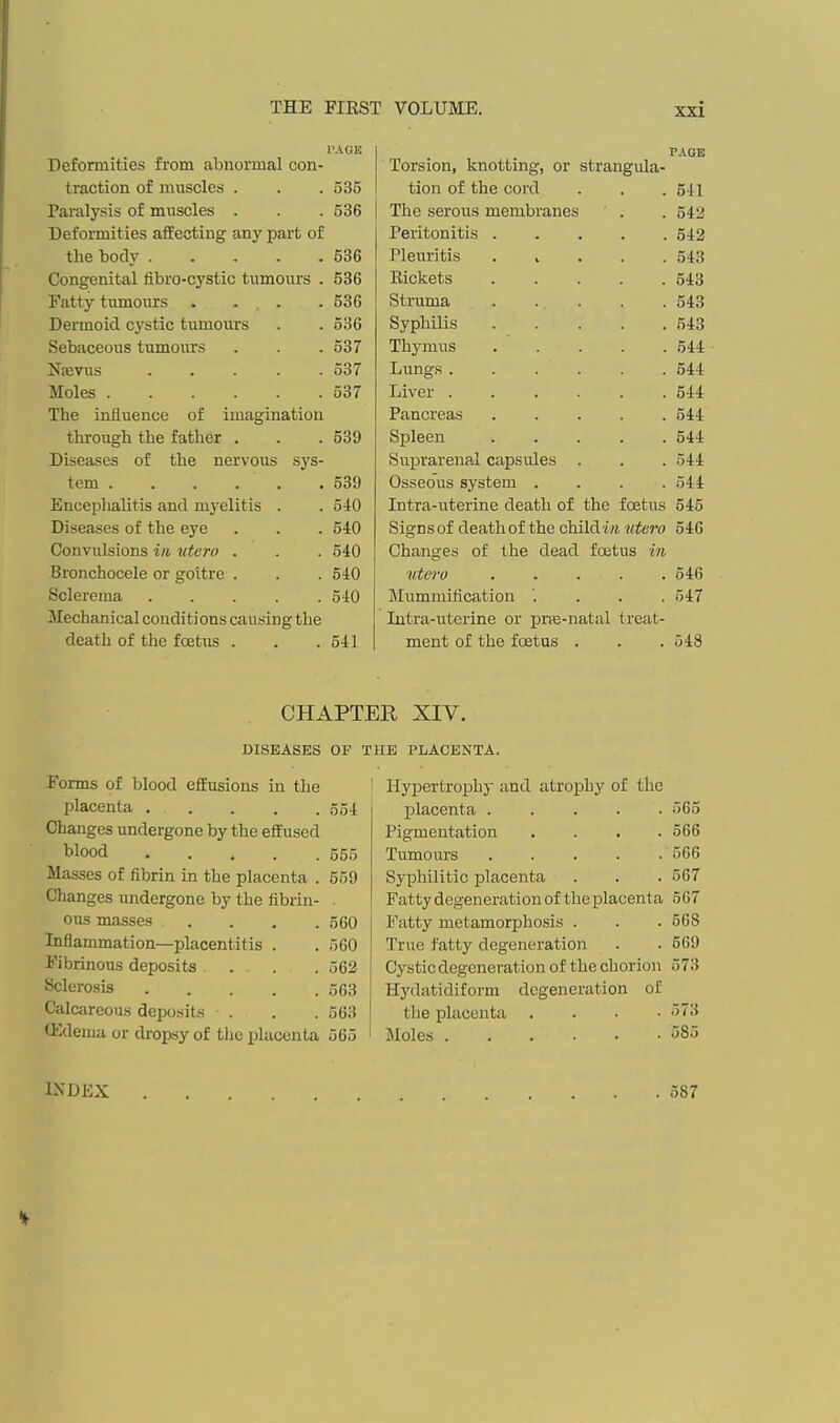PAGE Deformities from abnormal con- traction of muscles . . . 535 Paralysis of muscles . . . 536 Deformities affecting any pai-t of the body 536 Congenital fibro-cystic tumours . 536 Fatty tumours . ... . 536 Dermoid cystic tumours . . 536 Sebaceous tumours . . . 537 Najvus 537 Moles 537 The influence of imagination through the father . . . 539 Diseases of the nervous sys- tem 539 Encephalitis and myelitis . . 5:10 Diseases of the eye . . . 540 Convulsions in iitero . . . 540 Bronchocele or goitre . . . 540 Sclerema 540 Mechanical conditions causing the death of the foetus . . . 541 PAGE Torsion, knotting, or strangula- tion of the coi'd . . . 541 The serous membranes . . 542 Peritonitis 542 neuritis ..... 543 Eickets 543 Struma 543 Syphilis 543 Thymus . . . . .544 Lungs 544 Liver 544 Pancreas 544 Spleen 644 Suprarenal capsules . . . 544 Osseous system .... 544 Intra-uterine death of the foetus 645 Signs of death of the child wt utero 546 Changes of the dead foetus m utero 546 Mummification .... 547 Litra-uterine or prre-natal treat- ment of the foetus . . . 548 CHAPTER XIY. DISEASES OP THE PLACENTA. Forms of blood effusions in the placenta Changes undergone by the effused blood Masses of fibrin in the placenta . Changes undergone by the fibrin- ous masses .... Inflammation—placentitis . Fibrinous deposits . . Sclerosis Calcareous deposits . ffidema or di-opsy of the placenta 554 555 559 560 560 562 563 563 565 Hypertrophy and atro]Dhy of the placenta 565 Pigmentation .... 566 Tumours 566 Syphilitic placenta . . . 567 Patty degeneration of theiilacenta 5G7 Fatty metamorphosis . . . 568 True fatty degeneration . . 561) Cystic degeneration of the chorion 573 Hj'datidiform degeneration of the placenta .... 573 Moles 585 INDEX 587