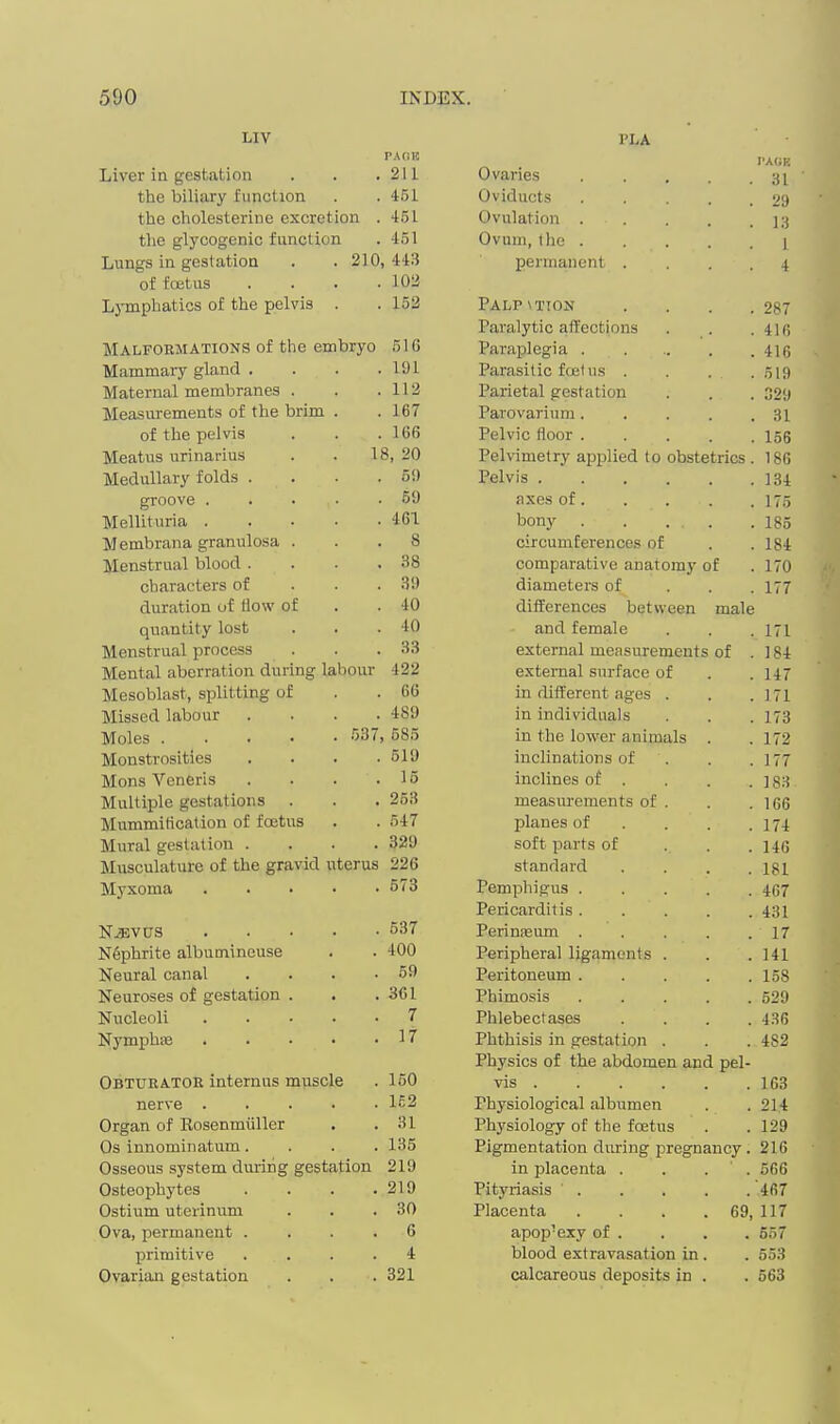 Liv PAGH Liver in gestation . . .211 the biliary function . . 451 the cholesterine excretion . 451 the glycogenic function . 451 Lungs in gestation . . 210,443 of foetus . . . .102 L}Tiiphatics of the pelvis . . 152 Malfobmations of the embryo 516 Mammary gland . . . .191 Maternal membranes . . .112 Measurements of the brim . .167 of the pelvis . . .166 Meatus urinarius . . 18, 20 Medullary folds . . . .5!) groove . . . • .59 Mellituria 461 M embrana granulosa ... 8 Menstrual blood . . . .38 characters of . . . 39 duration of flow of . .40 quantity lost . . .40 Menstrual process . . .33 Mental aberration during labour 422 Mesoblast, splitting of . .66 Missed labour .... 489 Moles 537, 585 Monstrosities .... 519 Mons Veneris . . . .15 Multiple gestations . . . 253 Mummification of foetus . . 547 Mural gestation .... 329 Musculature of the gravid uterus 226 Myxoma 573 Njuvds 537 N6phrite albumineuse . . 400 Neural canal . . . .59 Neuroses of gestation . . .361 Nucleoli 7 NymphfB 17 Obturator intemus muscle . 150 nerve 152 Organ of Kosenmiiller . .31 Os innominatum.... 135 Osseous system during gestation 219 Osteophytes . . . .219 Ostium uterinum . . .30 Ova, permanent .... 6 primitive .... 4 Ovarian gestation . . . 321 I'LA TAGK Ovaries . . , . .31 Oviducts • .... 29 Ovulation 13 Ovum, the 1 permanent .... 4 Palp \TiON .... 287 Paralytic affections . . .41(5 Paraplegia 416 Parasitic foetus . . . .519 Parietal gestation . . . 329 Parovarium 31 Pelvic floor igg Pehimelry applied to obstetrics . 186 Pelvis 134 axes of 175 bony . . . . .185 circumferences of . . 184 comparative anatomy of . 170 diameters of . . .177 differences between male and female . . .171 external measurements of . ] 84 external surface of . . 147 in different ages . . .171 in individuals . . . 173 in the lower animals . . 172 inclinations of . . .177 inclines of . . . .183 measurements of . . .166 planes of . . . .174 soft parts of . . .146 standard .... igi Pemphigus 4(57 Pericarditis . . . . .431 Perinreum . . . . .17 Peripheral ligaments . . .141 Peritoneum 158 Phimosis 529 Phlebectases .... 436 Phthisis in gestation . . . 482 Physics of the abdomen and pel- vis 163 Physiological albumen . .214 Physiology of the foetus . . 129 Pigmentation during pregnancy . 216 in placenta . . . ' . 666 Pityriasis ' 467 Placenta . . . . 69, 117 apop'exy of . . . .557 blood extravasation in . . 553 calcareous deposits in . . 563