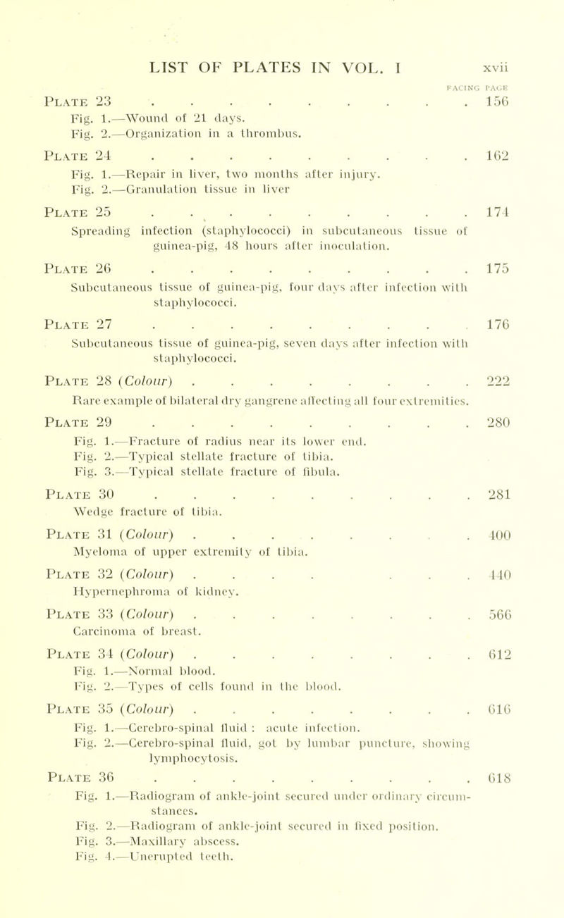 FACING PALE Plate 23 156 Fig. 1.—Wound of 21 days. Fig. 2.—Organization in a llirombus. Plate 24 .162 Fig. 1.—Repair in liver, two montlis after injury. Fig. 2.—Granulation tissue in liver Plate 25 . 174 Spreading infection (staphylococci) in subcutaneous tissue of guinea-pig, 48 hours after inoculation. Plate 26 175 Subcutaneous tissue of guinea-pig, four days after infection willi staphylococci. Plate 27 176 Subcutaneous tissue of guinea-pig, seven days after infection witli stapliylococci. Plate 28 (Colour) 222 Rare example of bilateral dry gangrene altecting all four extremities. Plate 29 280 Fig. 1.—Fracture of radius near its lower end. Fig. 2.—Typical stellate fracture of tibia. Fig. 3.—Typical stellate fracture of fibula. Plate 30 281 Wedge fracture of tibia. Plate 31 (Colour) . . . 400 Myeloma of upper extremity of tibia. Plate 32 (Colour) 440 Hypernephroma of Icidney. Plate 33 (Colour) . . 566 Carcinoma of breast. Plate 34 (Colour) 612 Fig. 1.—Normal blood. Fig. 2.—Types of cells found h\ tlie blood. Plate 35 (Colour) 616 Fig. 1.—Cerebro-spinal fluid : acute infection. Fig. 2.—Cerebro-spinal fluid, got by lumbar puncture, sliowing lymphocytosis. Plate 36 618 Fig. 1.—Radiogram of anl'Lle-joint secured under ordinary circum- stances. Fig. 2.—Radiogram of ankle-joint secured in fixed position. Fig. 3.—Maxillary abscess. Fig. 4.—Unerupted teeth.