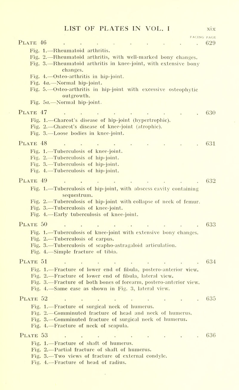 Plate 46 629 Fig. 1.—Rheumatoid arthritis. Fig. 2.—Rlieumatoid arthritis, wiUi well-marlved bony changes. Fig. 3.—Rlieumatoid arthritis in Ivnoe-joiut, witli extensive bony clianges. Fig. 4.—Osteo-artliritis in liip-Joint. Fig. 4a.—Normal liip-joint. Fig. 5.—Osteo-artliritis in liip-joint witli excessive osteophytic outgrowtli. Fig. 5a.—Normal hip-joint. Plate 47 630 Fig. 1.—Charcot's disease of hip-joint (hypertrophic). Fig. 2.—Charcot's disease of knee-joint (atrophic). Fig. 3.—Loose bodies in knee-joint. Plate 48 631 Fig. 1.—Tuberculosis of knee-joint. Fig. 2.—Tuberculosis of hip-joint. Fig. 3.—Tuberculosis of hip-joint. Fig. 4.—Tuberculosis of hip-joint. Plate 49 632 Fig. 1.—Tuberculosis of hip-joint, with abscess cavity containing sequestrum. Fig. 2.—Tuberculosis of hip-joint with collapse of neck of femur. Fig. 3.—Tuberculosis of knee-joint. Fig. 4.—Early tuberculosis of knee-joint. Plate 50 633 Fig. 1.—Tuljerculosis of knee-joint witli extensive bony clianges. Fig. 2.—Tuberculosis of carpus. Fig. 3.—Tuberculosis of scaplio-astragaloid articulation. Fig. 4.—Simple fracture of tibia. Plate 51 634 Fig. 1.—Fracture of lower end of fd>ula, postero-anterior Yiew. Fig. 2.—Fracture of lower end of fibula, lateral view. Fig. 3.—Fracture of both bones of forearm, postero-anterior view. Fig. 4.—Same case as shown in Fig. 3, lateral view. Plate 52 635 Fig. 1.—Fracture of surgical neck of humerus. Fig. 2.—Comminuted fracture of head and neck of humerus. Fig. 3.—Comminuted fracture of surgical neck of humerus. Fig. 4.—Fracture of neck of scapula. Plate 53 636 Fig. 1.—Fracture of shaft of humerus. Fig. 2.—Partial fracture of shaft of humerus. Fig. 3.—Two views of fracture of external condyle. Fig. 4.—Fracture of head of radius.