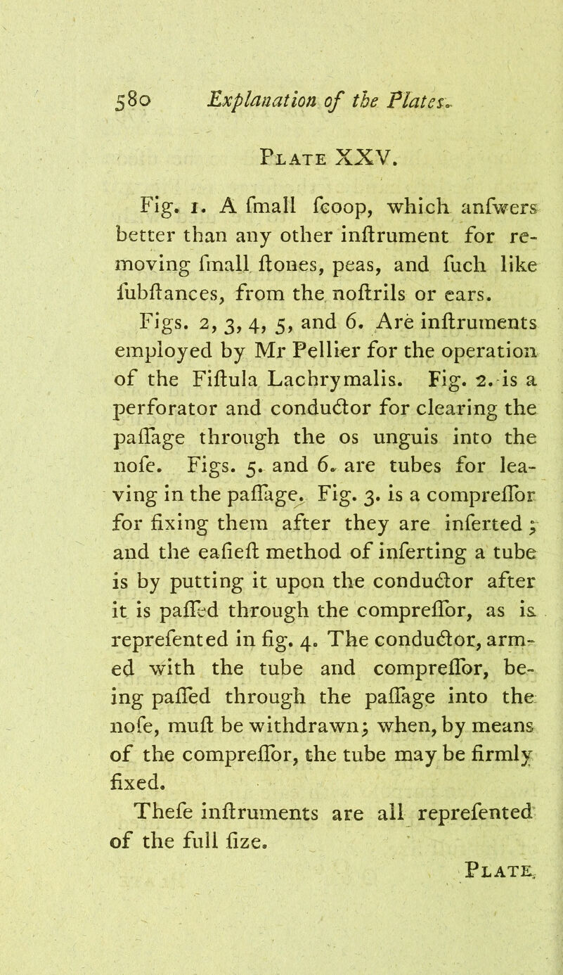 Plate XXV. Fig. 1. A fmall fcoop, which anfwers better than any other inftrument for re- moving fmall ftones, peas, and fuch like fubftances, from the noftrils or cars. Figs. 2, 3, 4, 5, and 6. Are inftruments employed by Mr Pellier for the operation of the Fiftula Lachrymalis. Fig. 2. is a perforator and conductor for clearing the paffage through the os unguis into the nofc. Figs. 5. and 6. are tubes for lea- ving in the paflage. Fig. 3. is a compreflbr for fixing them after they are inferred ; and the eafieft method of iiiferting a tube is by putting it upon the condudlor after it is pafied through the comprelTor, as i& reprefented in fig. 4. The condudor, arm- ed with the tube and compreflbr, be- ing pafied through the pafiage into the nofe, muft be withdrawn^ when, by means of the compreflbr, the tube may be firmly fixed. Thefe inftruments are all reprefented of the full fize.