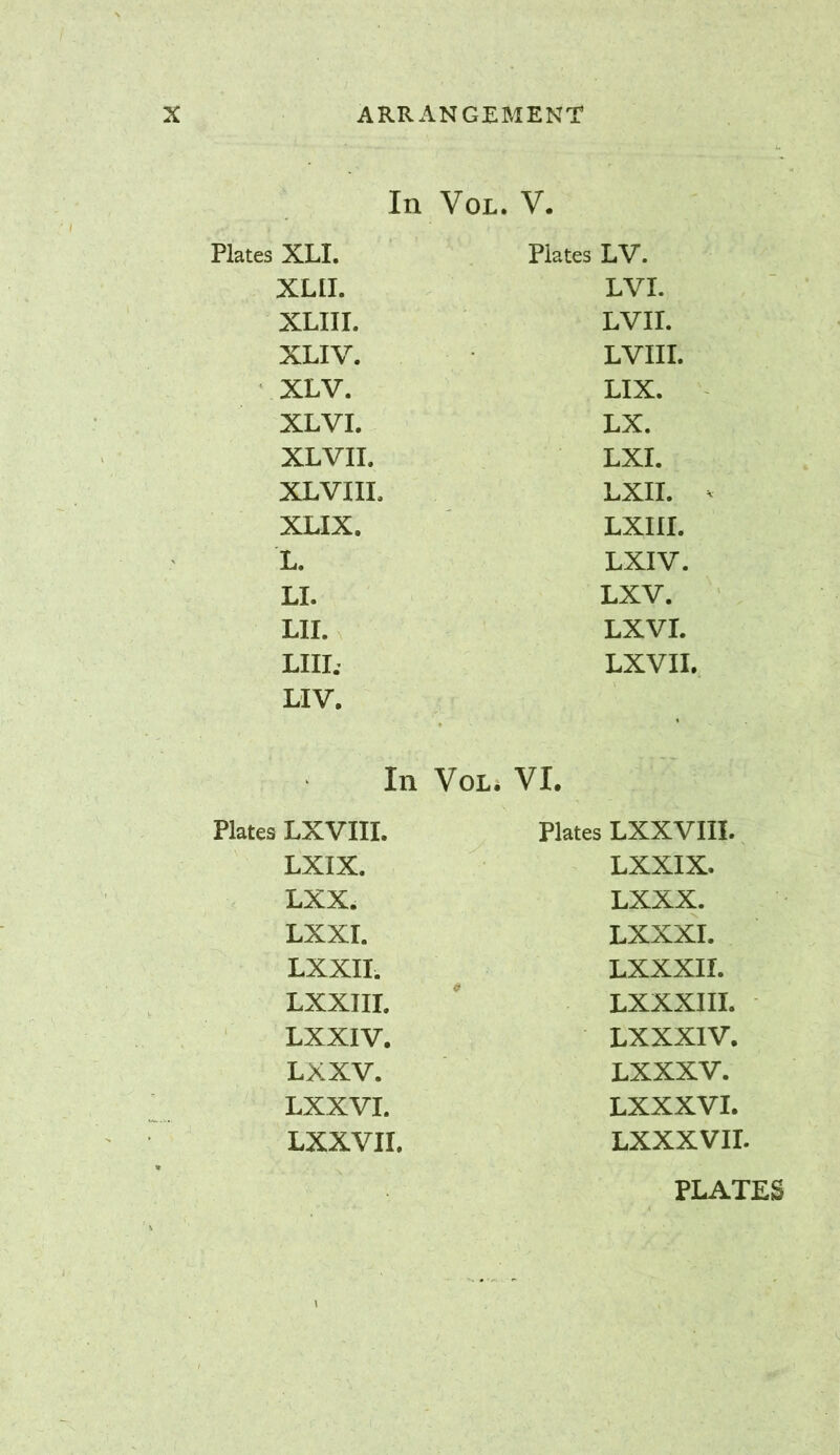 In VoL. V. XLI. Plates LV. XLII. LVI. XLIIL LVIL XLIV. LVIIL XLV. LIX. XLVI. LX. XL VII. LXI. XLVIII. LXII. ^ XLIX. LXIII. L. LXIV. LI. LXV. LII. LXVI. LIIL LXVIL LIV. In VoL* VI. 5 LXVIIL Plates LXXVIII. LXIX. LXXIX. LXX. LXXX. LXXI. LXXXI. LXXII, LXXXII. LXXIIL LXXXIII. LXXIV. LXXXIV. LXXV. LXXXV. LXXVI. LXXXVI. LXXVII. Lxxxvir. PLATES