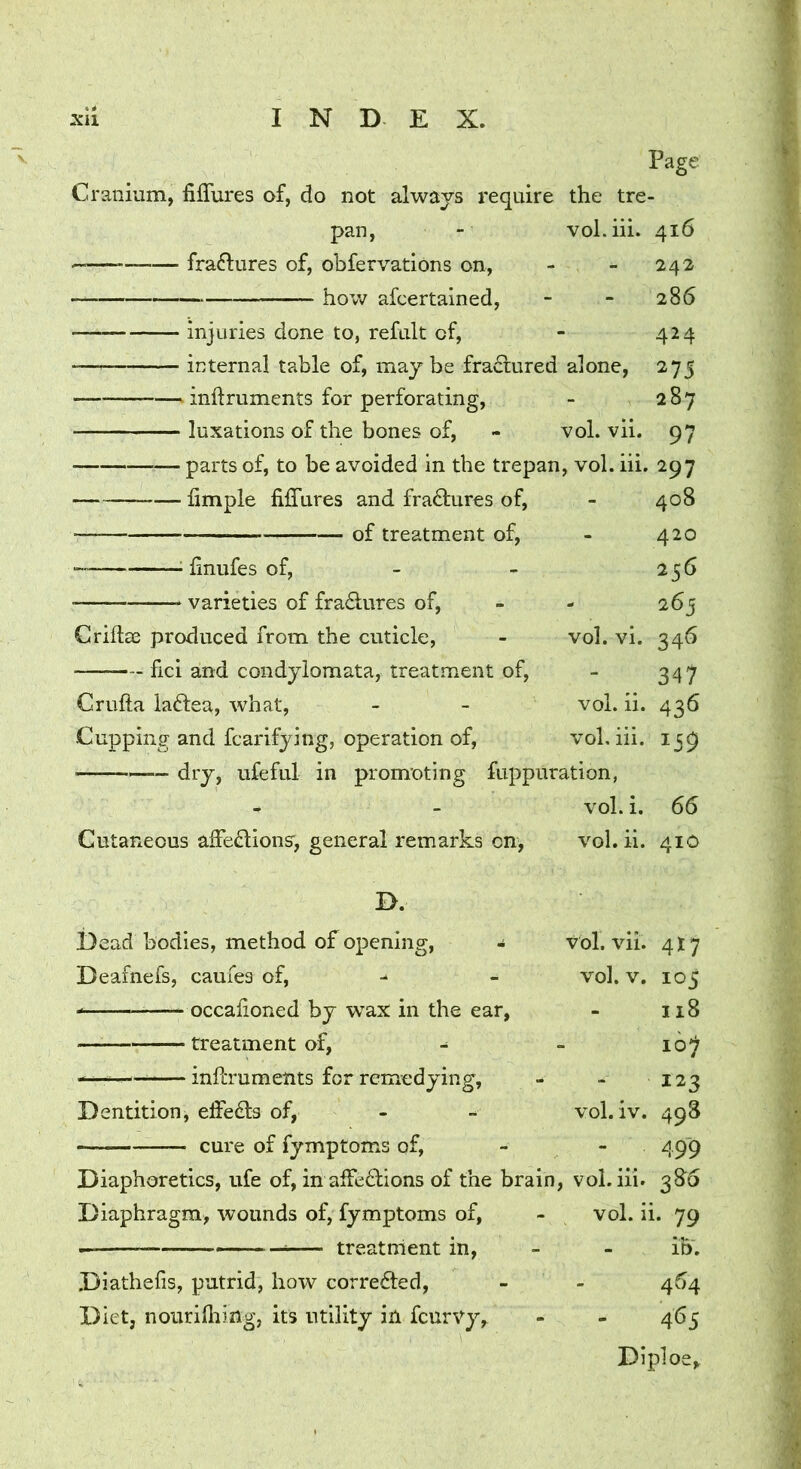 Page Cranium, fiffures of, do not always require the tre- pan, - voLiii. 416 — fraftures of, obfervations on, - - 242 how afcertained, - - 286 injuries done to, refult of, - 424 internal table of, may be fractured alone, 275 inftruments for perforating, - 287 luxations of the bones of, - voL vii. 97 parts of, to be avoided in the trepan, vol. hi. 297 - limple fiffures and fractures of, of treatment of. - finufes of, ‘ varieties of fradures of. 408 420 256 265 Criftse produced from the cuticle, - vol. vi. 346 fici and condylomata, treatment of, - 347 Crufta laftea, what, - - vol. ii. 436 Cupping and fcarifying, operation of, vol. hi. 139 dry, ufeful in promoting fuppuration, - - vol. i. 66 Cutaneous affections, general remarks on, vol. h. 410 D. Dead bodies, method of opening, j Deafnefs, caufes of, occafioned by wax in the ear, — treatment of, ■ ■ ■ ■ — inftruments for remedying. V ol. vii. 417 vol. v. 105 118 107 122 498 49i'9 386 vol. iv. Dentition, effeCls of, cure of fymptoms of, - - Diaphoretics, ufe of, inaffeCtions of the brain, vol. iii. Diaphragm, wounds of, fymptoms of, - vol. h. 79 —— treatrrient in, - - ib. Diathefis, putrid, how corrected, - - 464 Diet, nourifliing, its utility in fcurVy, - - 465 Dlploe,,