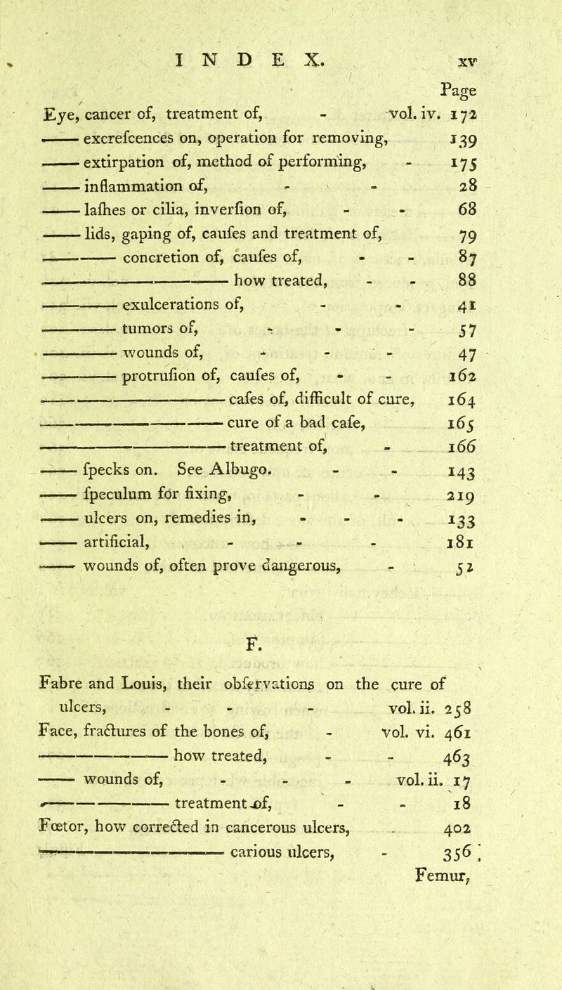 Page Eye, cancer of, treatment of, - vol. iv. 172 excrefcences on, operation for removing, 139 extirpation of, method of performing, - 175 inflammation of, - - 28 lafhes or cilia, inverfion of, - - 68 lids, gaping of, caufes and treatment of, 79 concretion of, caufes of, - - 87 how treated, - - 88 exulcerations of, - - 41 tumors of, * -  57 wounds of, * - 47 protrufion of, caufes of, - - 162 cafes of, difficult of cure, 164 cure of a bad cafe, 165 treatment of, - 166 fpecks on. See Albugo. - - 143 fpeculum fdr fixing, - - 219 ulcers on, remedies in, - - - 133 ■■ artificial, , - - - i8i wounds of, often prove dangerous, - 52 F. Fabre and Louis, their ob&rvaticns on the cure of ulcers, - voLii. 258 Face, fra^liures of the bones of, vol. vi. 461 — how treated. 463 wounds of, - - - vol. ii. 17 treatment ^f. 18 Feet or, how correded in cancerous ulcers, 402 carious ulcers, 356 Femur,