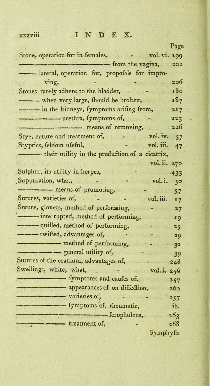 Page Stone, operation for in females, - vol. vi. 199 firom the vagina, 202 lateral, operation for, propofals for impro- ving, ~ - 206 Stones rarely adhere to the bladder, - 180 when very large, fliould be broken, 187 —— in the kidneys, fymptoms arifing from, 217 urethra, fymptoms of, - 223 — means of removing, 226 Stye, nature and treatment of, - vol. iv. 57 Styptics, feldom ufeful, - - vol. iii. 47 their utility in the production of a cicatrix, vol. ii. 270 Sulphur, its utility in herpes, « ,433 Suppuration, what, - - vol. i. 50 —means of promoting, - 37 Sutures, varieties of, - - vol. iii. 17 Suture, glovers, method of performing, - 27 — interrupted, method of performing, 19 quilled, method of performing, - 25 twilled, advantages of, - - 29 method of performing, - 32 ——.— general utility of, - 3^ Sutures of the cranium, advantages o:^ - 248 Swellings, white,: what, - vol.i. 25^ fymptoms and eaufes of, ^ appearances of on dilTeClion, varieties of, fymptoms of, rheumatic, — —^ fcrophulous, treatment of, Symphylis 260 25.7 ib. 262 268