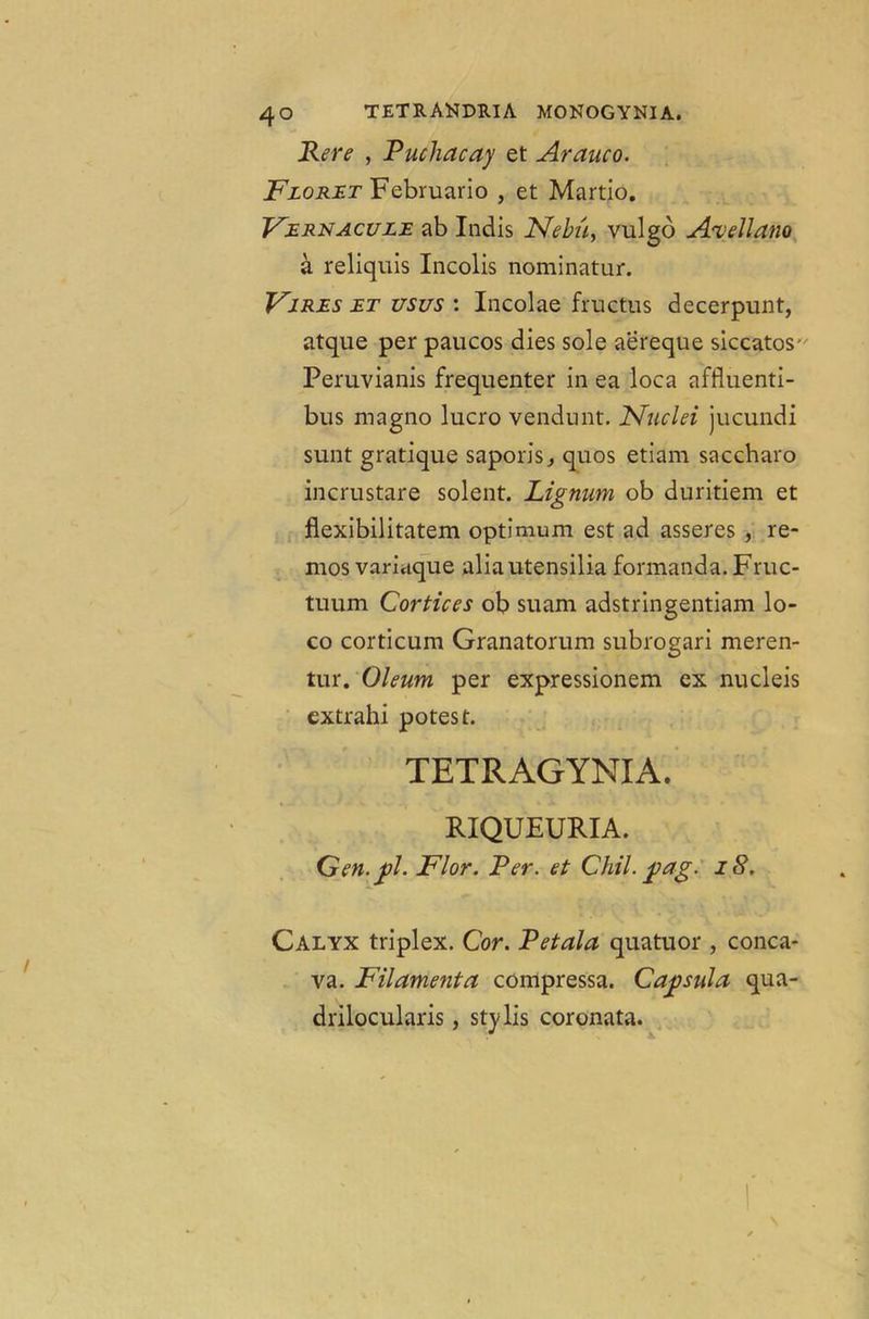 Rere , Pucliacay et Arauco. Floret Februario , et Martio. Fernacule ab Indis Nebu, vulgo Avellano a reliquis Incolis nominatur. Fires et usus : Incolae fructus decerpunt, atque per paucos dies sole aereque siccatos Peruvianis frequenter in ea loca affluenti- bus magno lucro vendunt. Nuclei jucundi sunt gratique saporis, quos etiam saccharo incrustare solent. Lignum ob duritiem et flexibilitatem optimum est ad asseres , re- mos variaque aliautensilia formanda. Fruc- tuum Cortices ob suam adstringentiam lo- co corticum Granatorum subrogari meren- tur. Oleum per expressionem ex nucleis extrahi potest. TETRAGYNIA. RIQUEURIA. Gen.jil. Flor. Per. et Chil. ■gag. 18. Calyx triplex. Cor. Petala quatuor, conca- va. Filamenta compressa. Capsula qua- drilocularis, sty lis coronata.