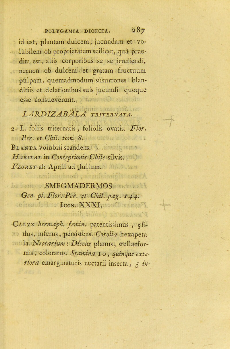 id est, plantain dulcem, jucundam et vo- lubilem ob proprietatem scilicet, qua prae- dita est, aliis corporibus se se irretiendi, necnon ob dulcem et gratam fructuum pulpam, quemadmodum susurrones blan- ditiis et delationibus suis jucundi quoque esse consueverunt. lardizabAla TRITERNATA. . ■ k \ ■ > - 2. L. foliis triternatis, foliolis ovatis. Flor. Per. et Chil. tom. 8. Planta volubili-scandens. Habitat in Conceptions Chile silvis. Floret ab Aprili ad Julium. SMEGMADERMOS. Gen. pi. Flor. Per. et Chil. pag. 144. Icon. XXXI. O ; ,'f V- *v- . Calyx hermaph. femin. patentissimus , $fi- dus, inferus, persistens. Corolla hexapeta- la. Ishectarium : Discus planus, stellaefor- mis, coloratus. Stamina 10, quinque exte- rior a emarginaturis nectarii inserta , 5 in-