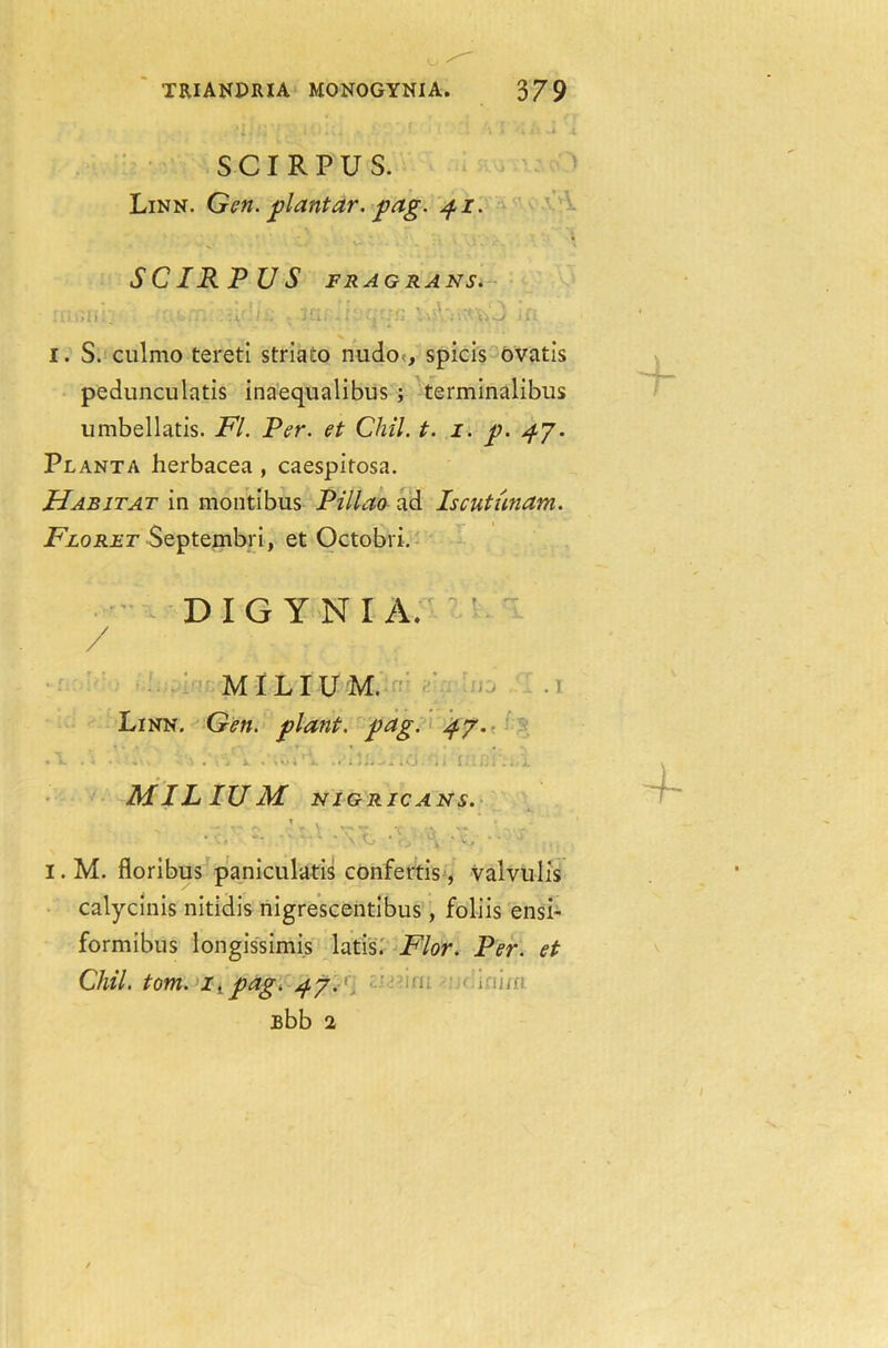 SCIRPUS. Linn. Gen. plantar, pag. 41. SCIRPUS FRAGRANS. ’lii'A'iV. r'\kfT. ,:i'' I . 'J Cii '.V.V.Vi-/ Jfl I. S. culmo tereti striato nudo , spicis ovatis pedunculatis inaequalibus ; terminalibus umbellatis. Fl. Per. et Chil. t. 1. p. 47. Planta herbacea , caespitosa. Habitat in montibus Pillao ad Iscutunam. Floret Septembri, et Octobri. D I G Y N I A. / MILIUM. •) Linn. Gen. plant, pag. 47. .Yi. .. :id ‘ii i.iPA'i. 1 MILIUM NIGRICANS. , ~ v - '-1 ’ ' r • .j -* - ' * \ Xj * */ *'* i.M. floribus paniculatis confertis, valvulis calycinis nitidis nigrescentibus, foliis ensi- formibus longissimis latis. Flor. Per. et Chil. tom. i. pag. 47. i d/i Bbb 2 /