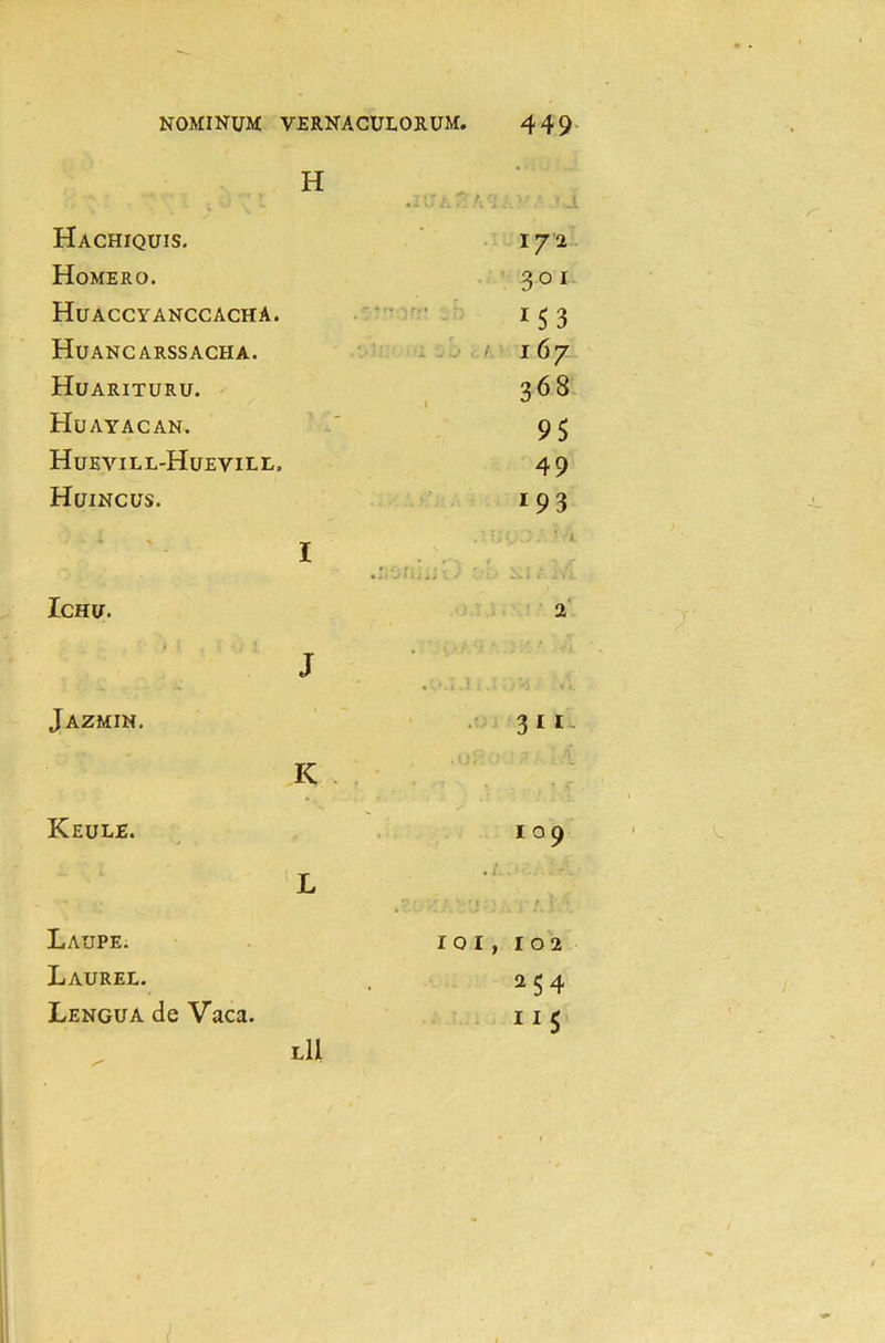 H .iirA/i ' »j. Hachiquis. 172 Homero. 3° 1 Huaccyanccacha. M3 Huancarssacha. < 167 Huarituru. 368 Huayacan. > ‘ - 95 Huevill-Huevill. 49 Huincus. 193 * X I . I. U K.). ‘ i . . • * < ■ 1 i j . 1.' .-11. i, ICHU. 2 J ,p j j > «1. Jazmin. •• 311- IC .Or-.': Li Keule. IO9 L • /_ . ^ y ; •*j ; > Laupe. 101, 102 Laurel. 254 Lengua de Vaca.