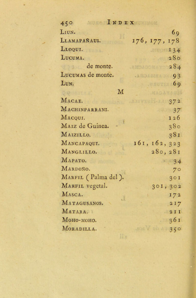 V. 45° Liun. LlamapaNaui. Lloqui. Lucuma. de monte. Lucumas de monte. Lun. M Macae. Machinparrani. Macqui. Maiz de Guinea. Maizillo. Mancapaqui. Manglillo. Mapato. MardoNo. JMarfil ( Palma del ). Marfil vegetal. Masca. Matagusanos. Matara. Moho-moho. Moradilla. 69 176, 177, 178 J34 280 284 93 69 37 2 37 126 380 381 161, 162, 323 280, 281 * 34 70 3°1 3°1> 3°2 172 217 2 1 1 361 35°