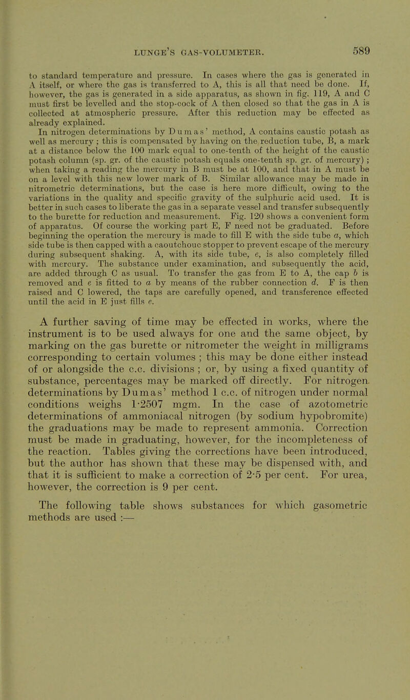 to standard temperature and pressure. In cases where the gas is generated in A itself, or where the gas is transferred to A, this is all that need be done. If, liowever, the gas is generated in a side apparatus, as shown in fig. 119, A and C must first be levelled and the stop-cock of A then closed so that the gas in A is collected at atmospheric pressure. After this reduction may be effected as already explained. In nitrogen determinations by Dumas' method, A contains caustic potash as well as mercury ; this is compensated by having on the reduction tube, B, a mark at a distance below the 100 mark equal to one-tenth of the height of the caustic potash column (sp. gr. of the caustic potash equals one-tenth sp. gr. of mercury) ; when taking a reading the mercury in B must be at 100, and that in A must be on a level with this new lower mark of B. Similar allowance may be made in nitrometric determinations, but the case is here more difficult, owing to the variations in the quality and specific gravity of the sulphuric acid used. It is better in such cases to liberate the gas in a separate vessel and transfer subsequently to the burette for reduction and measurement. Fig. 120 shows a convenient form of apparatus. Of course the working part E, F need not be graduated. Before beginning the operation the mercury is made to fill E with the side tube a, which side tube is then capped with a caoutchouc stopper to prevent escape of the mercury during subsequent shaking. A, with its side tube, e, is also completely filled with mercury. The substance under examination, and subsequently the acid, are added through C as usual. To transfer the gas from E to A, the cap b is removed and e is fitted to a by means of the rulaber connection d. F is then raised and C lowered, the taps are carefully opened, and transference effected until the acid in E just fills e. A further saving of time may be effected in works, where the instrument is to be used always for one and the same object, by marking on the gas burette or nitrometer the weight in milhgrams corresponding to certain volumes ; this may be done either instead of or alongside the c.c. divisions ; or, by using a fixed quantity of substance, percentages may be marked off directly. For nitrogen, determinations by Dumas' method 1 c.c. of nitrogen under normal conditions weighs 1-2507 mgm. In the case of azotometric determinations of ammoniacal nitrogen (by sodium hypobromite) the graduations may be made to represent ammonia. Correction must be made in graduating, however, for the incompleteness of the reaction. Tables giving the corrections have been introduced, but the author has shown that these may be dispensed with, and that it is sufficient to make a correction of 2 5 per cent. For urea, however, the correction is 9 per cent. The foUomng table shows substances for which gasometric methods are used :—
