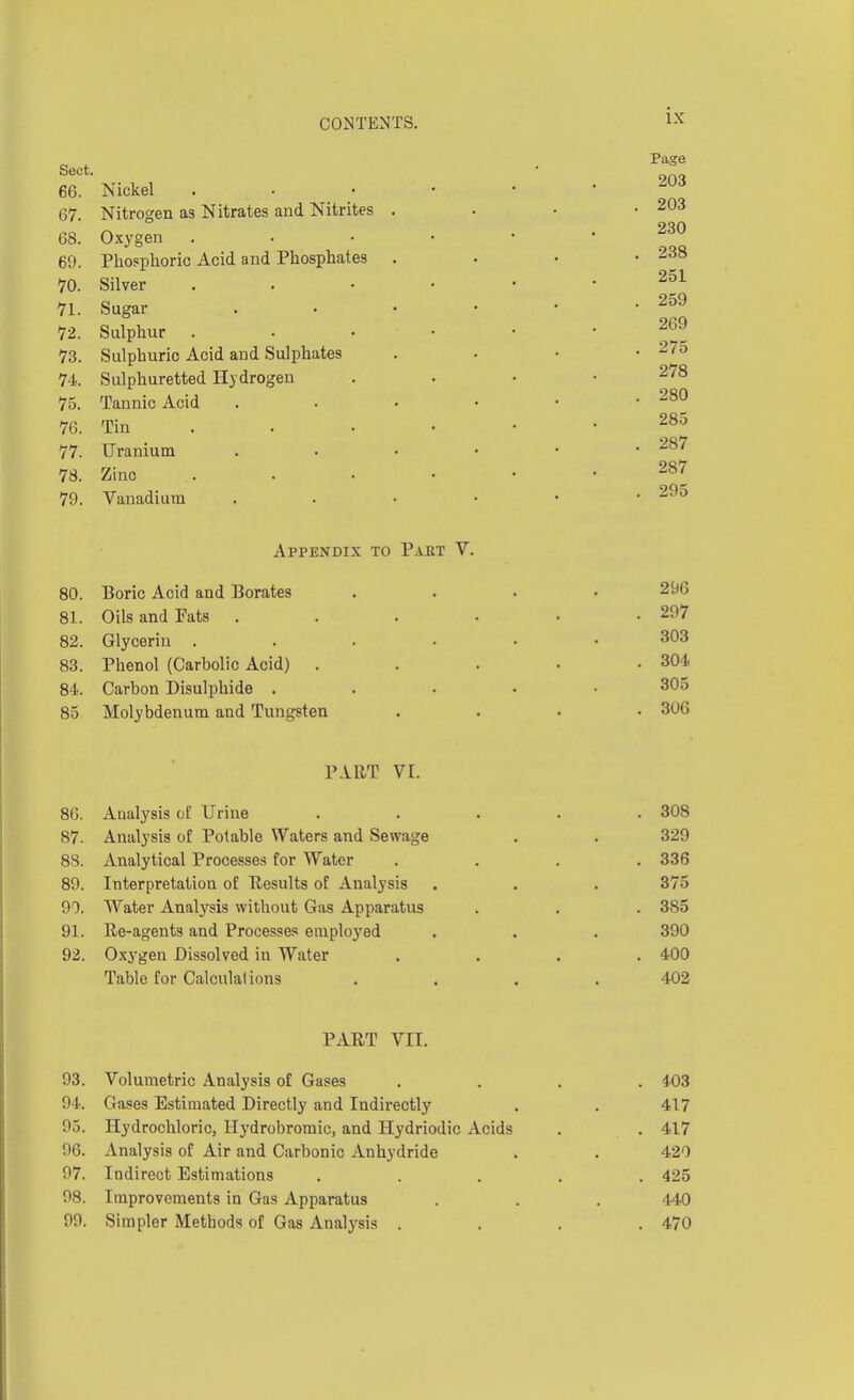 Sect. 66. Nickel 67. Nitrogen as Nitrates and Nitrites 68. Oxygen 69. Phosphoric Acid and Phosphates 70. Silver 71. Sugar 72. Sulphur 73. Sulphuric Acid and Sulphates 74. Sulphuretted Hydrogen 75. Tannic Acid 76. Tin 77. Uranium 78. Zinc 79. Vanadium Page 203 203 230 238 251 259 269 275 278 280 285 287 287 295 Appendix to Pakt V. 80. Boric Acid and Borates 81. Oils and Pats 82. Glycerin . 83. Phenol (Carholic Acid) . 84. Carbon Disulphide . 85 Molybdenum and Tungsten 296 297 303 304 305 306 PART VI. 86. Analysis of Urine . . . . .308 87. Analysis of Potable Waters and Sewage . . 329 88. Analytical Processes for Water .... 336 89. Interpretation of Results of Analysis . . . 375 90. Water Analysis without Gas Apparatus . . . 385 91. Re-agents and Processes employed . . . 390 92. Oxygen Dissolved in Water .... 400 Table for Calculations .... 402 PART VII. 93. Volumetric Analysis of Gases .... 403 94. Gases Estimated Directly and Indirectly . . 417 95. Hydrochloric, Hydrobromic, and Hydriodic Acids . . 417 96. Analysis of Air and Carbonic Anhydride . . 420 97. Indirect Estimations ..... 425 98. Improvements in Gas Apparatus . . . 440 99. Simpler Methods of Gas Analysis .... 470