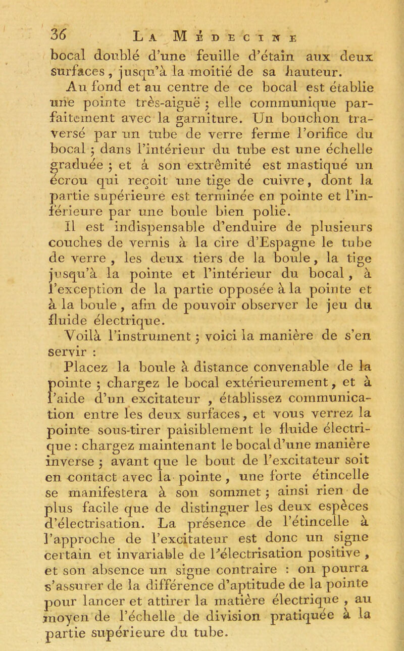 I 36 La Medecine bocal doublé d’une feuille d’étain aux deux surfaces , jusqu’à la moitié de sa iiauteur. Au fond et au centre de ce bocal est établie une pointe très-aiguë 5 elle communique par- faitement avec la garniture. Un bouchon tra- versé par un tube de verre ferme l’orifice du bocal -, dans l’intérieur du tube est une échelle graduée ; et â son extrémité est mastiqué un écrou qui reçoit une tige de cuivre, dont la partie supérieure est terminée en pointe et l’in- férieure par une boule bien polie. Il est indispensable d’enduire de plusieurs couches de vernis à la cire d’Espagne le tube de verre , les deux tiers de la boule, la tige jusqu’à la pointe et l’intérieur du bocal , à l’exception de la partie opposée à la pointe et à la boule, afin de pouvoir observer le jeu du fluide électrique. Voilà l’instrument 5 voici la manière de s’en servir : Placez la boule à distance convenable de la pointe ; chargez le bocal extérieurement, et à l’aide d’un excitateur , établissez communica- tion entre les deux surfaces, et vous verrez la pointe sous-tirer paisiblement le fluide électri- que : chargez maintenant le bocal d’une manière inverse j avant que le bout de l’excitateur soit en contact avec la pointe , une forte étincelle se manifestera à son sommet $ ainsi rien de plus facile que de distinguer les deux espèces d’électrisation. La présence de l’étincelle à l’approche de l’excitateur est donc un signe certain et invariable de Pélectrisation positive , et son absence un signe contraire : on pourra s’assurer de la différence d’aptitude de la pointe pour lancer et attirer la matière électrique , au moyen de l’échelle de division pratiquée à la partie supérieure du tube.