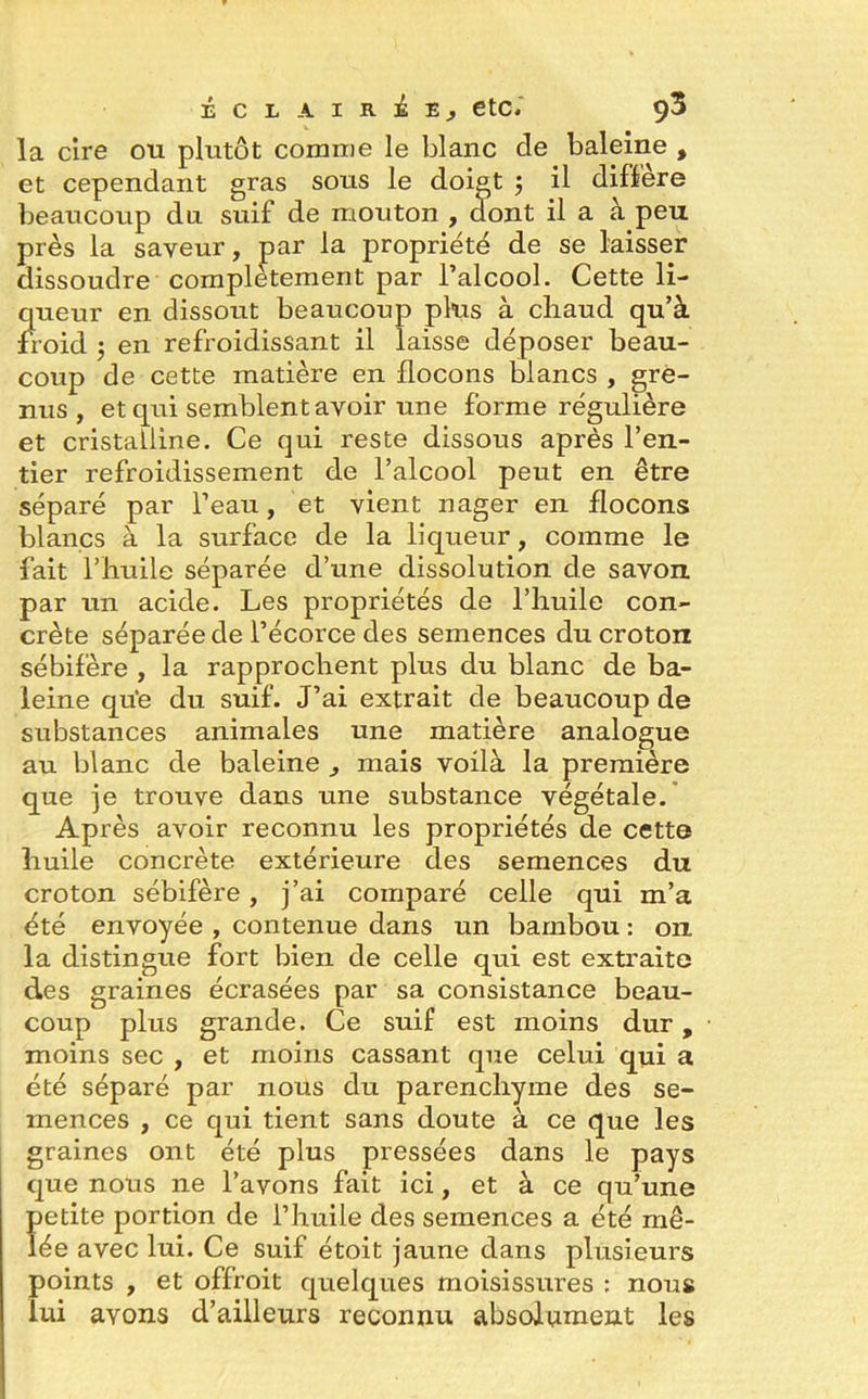 B C I A I R i îj etc. 9^ la cire ou plutôt comme le blanc cle baleine , et cependant gras sous le doigt 5 il différé beaucoup du suif de mouton , dont il a à peu près la saveur, par la propriété de se laisser dissoudre complètement par l’alcool. Cette li- queur en dissout beaucoup plus à cliaud qu’à froid ; en refroidissant il laisse déposer beau- coup de cette matière en flocons blancs , gre- nus , et qui semblent avoir une forme régulière et cristalline. Ce qui reste dissous après l’en- tier refroidissement de l’alcool peut en être séparé par l’eau, et vient nager en flocons blancs à la surface de la liqueur, comme le fait l’huile séparée d’une dissolution de savon par un acide. Les propriétés de l’huile con- crète séparée de l’écorce des semences du croton sébifère , la rapprochent plus du blanc de ba- leine qu'e du suif. J’ai extrait de beaucoup de substances animales une matière analogue au blanc de baleine ^ mais voilà la première que je trouve dans une substance végétale. Après avoir reconnu les propriétés de cette huile concrète extérieure des semences du croton sébifère, j’ai comparé celle qui m’a été envoyée , contenue dans un bambou : 011 la distingue fort bien de celle qui est extraite des graines écrasées par sa consistance beau- coup plus grande. Ce suif est moins dur, moins sec , et moins cassant que celui qui a été séparé par nous du parenchyme des se- mences , ce qui tient sans doute à ce que les graines ont été plus pressées dans le pays que nous ne l’avons fait ici, et à ce qu’une petite portion de l’huile des semences a été mê- lée avec lui. Ce suif étoit jaune dans plusieurs points , et offroit quelques moisissures : nous lui avons d’ailleurs reconnu absolument les