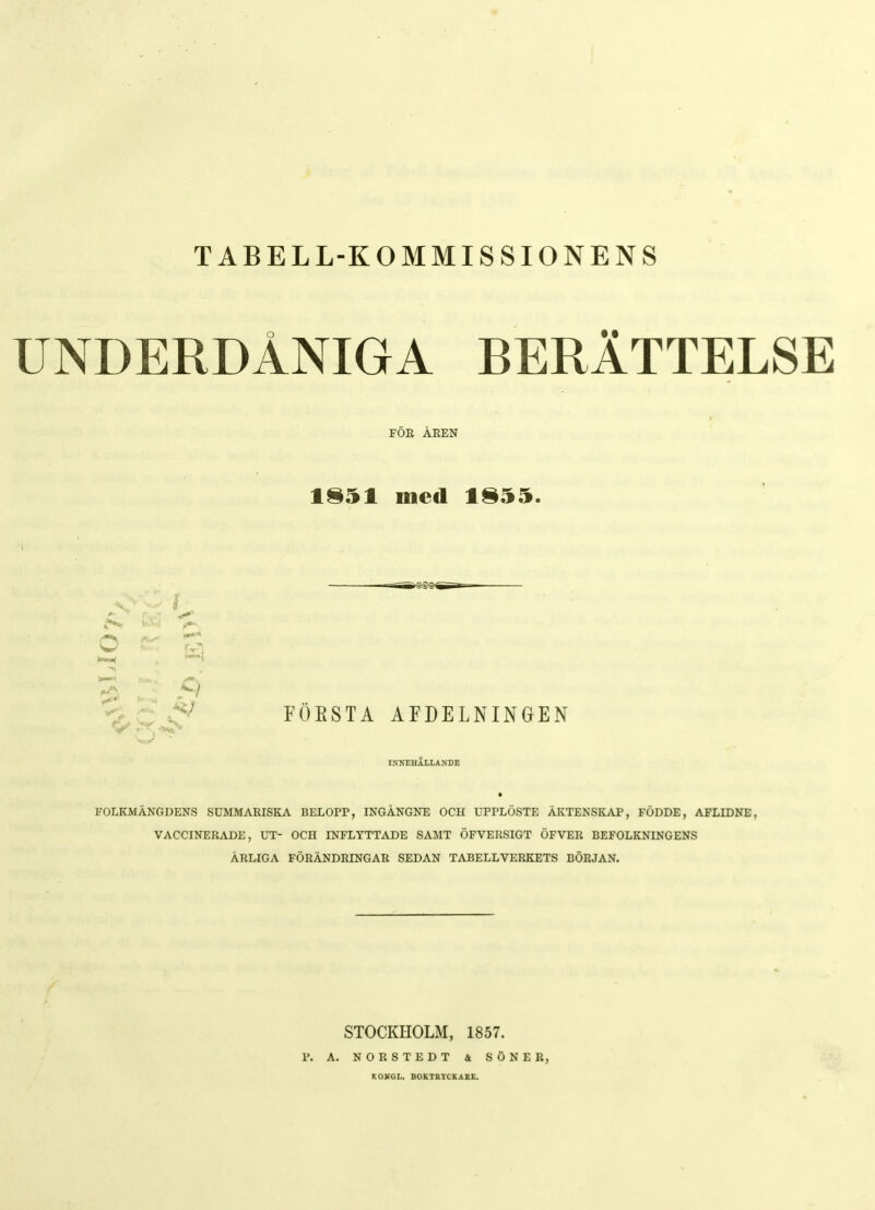 TABELL-KOMMISSIONENS UNDERDÅNIGA BERÄTTELSE FÖR ÅREN 1851 med 1855. FÖESTA AFDELNINGEN INNEHALLANDE FOLKMÄNGDENS SUMMARISKA BELOPP, INGANGNE OCH UPPLÖSTE ÄKTENSKAP, FÖDDE, AFLIDNE, VACCINERADE, UT- OCH INFLYTTADE SAMT ÖFVERSIGT ÖFVER BEFOLKNINGENS ÅRLIGA FÖRÄNDRINGAR SEDAN TABELLVERKETS BÖRJAN. STOCKHOLM, 1857. P. A. NORSTEDT k SÖNER, KOKGL. BOKTRYCKARE.