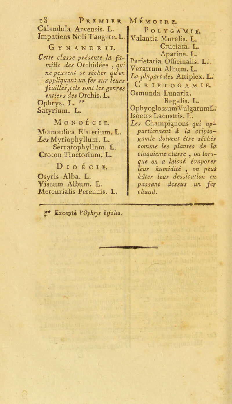 t8 Premier Calenclula Arvensis. L. Impatiens Noli Tangere. L. Gynandrie. Cette classe présente la fa- mille des Orchidées , qui ne peuvent se sécher qu’en appliquant un fer sur leurs feuillesjtels sont les genres entiers des Orchis. L. Ophrys. L. ** Satyrium. L. M O N O E c I E. Momordica Elaterium, L. Les Myriophyllum. L. Serratophyllum. L. Croton Tinctorium. L. D I O É c I E. Osyris Alba. L. Viscum Album. L. Mercurialis Perennis. L. Mémoire. Polygamie. Valantia Muralis. L. Cruciata. L. Aparine. L. Parietaria OfTicinalis. L.. Veratrum Album. L. La plupart des Atriplex. L.‘ Criptogamie. Osmunda Lunaria. Regalis. L. OphyoglossumVulgatumL; Isoetes Lacustris. L. Les Champignons qui ap- partiennent à la cripto- gamie doivent être séchés comme les plantes de la cinquième classe , ou lors- que on a laissé évaporer leur humidité , on peut hâter leur dessication en passant dessus un fer chaud. Excepté VO^hrys hijolia.