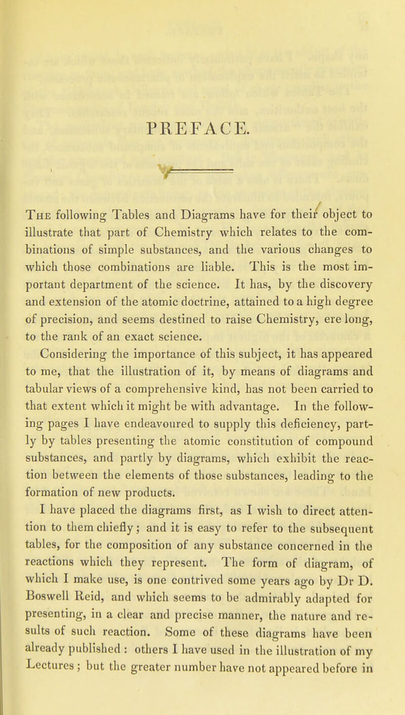 PREFACE. The following Tables and Diagrams have for their object to illustrate that part of Chemistry which relates to the com- binations of simple substances, and the various changes to which those combinations are liable. This is the most im- portant department of the science. It has, by the discovery and extension of the atomic doctrine, attained to a high degree of precision, and seems destined to raise Chemistry, ere long, to the rank of an exact science. Considering the importance of this subject, it has appeared to me, that the illustration of it, by means of diagrams and tabular views of a comprehensive kind, has not been carried to that extent which it might be with advantage. In the follow- ing pages I have endeavoured to supply this deficiency, part- ly by tables presenting the atomic constitution of compound substances, and partly by diagrams, which exhibit the reac- tion between the elements of those substances, leading to the formation of new products. I have placed the diagrams first, as I wish to direct atten- tion to them chiefly; and it is easy to refer to the subsequent tables, for the composition of any substance concerned in the reactions which they represent. The form of diagram, of which I make use, is one contrived some years ago by Dr D. Boswell Reid, and which seems to be admirably adapted for presenting, in a clear and precise manner, the nature and re- sults of such reaction. Some of these diagrams have been already published : others I have used in the illustration of my Lectures ; but the greater number have not appeared before in