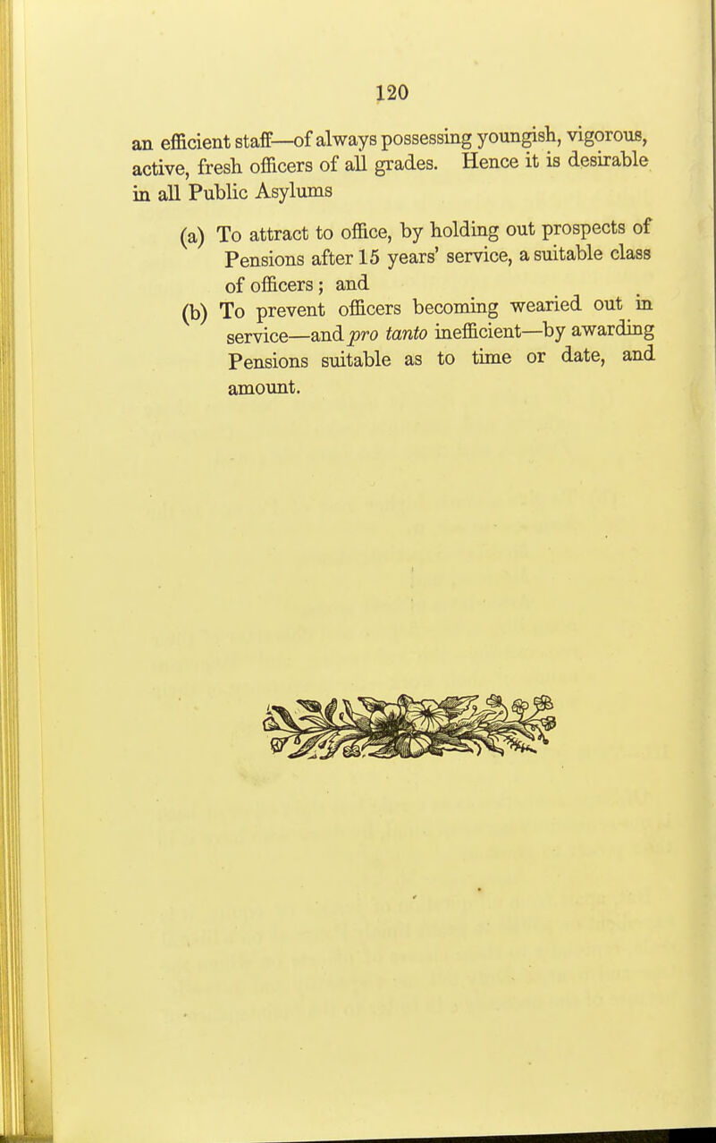 an efficient staff—of always possessing youngish, vigorous, active, fresh officers of all grades. Hence it is desirable in all Public Asylums (a) To attract to office, by holding out prospects of Pensions after 15 years' service, a suitable class of officers; and (b) To prevent officers becoming wearied out in service—and pro tanto inefficient—by awarding Pensions suitable as to time or date, and amount.