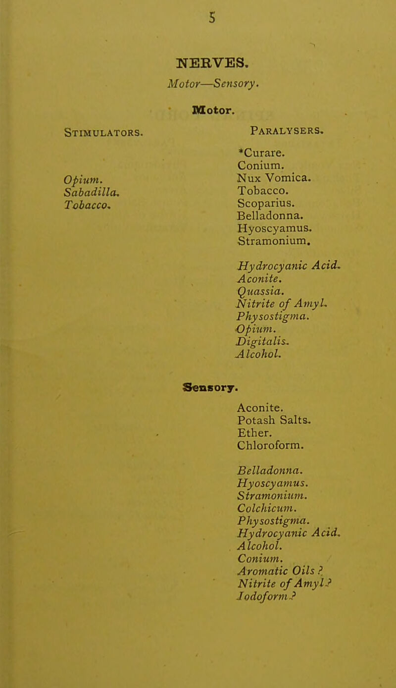 NERVES. Motor—Sensory. Motor. Stimulators. Opium. Sabadilla, Tobacco.. Paralysers. *Curare. Conium. Nux Vomica. Tobacco. Scoparius. Belladonna. Hyoscyamus. Stramonium, Hydrocyanic Acid. Aconite, Quassia. Nitrite of AmyL Physostigma. Opium. Digitalis. Alcohol. Sensory. Aconite. Potash Salts, Ether. Chloroform. Belladonna. Hyoscyamus. Stramonium. Colchicum. Physostigma. Hydrocyanic Acid. Alcohol. Conium. Aromatic Oils P Nitrite of AmyL' Iodoform -?