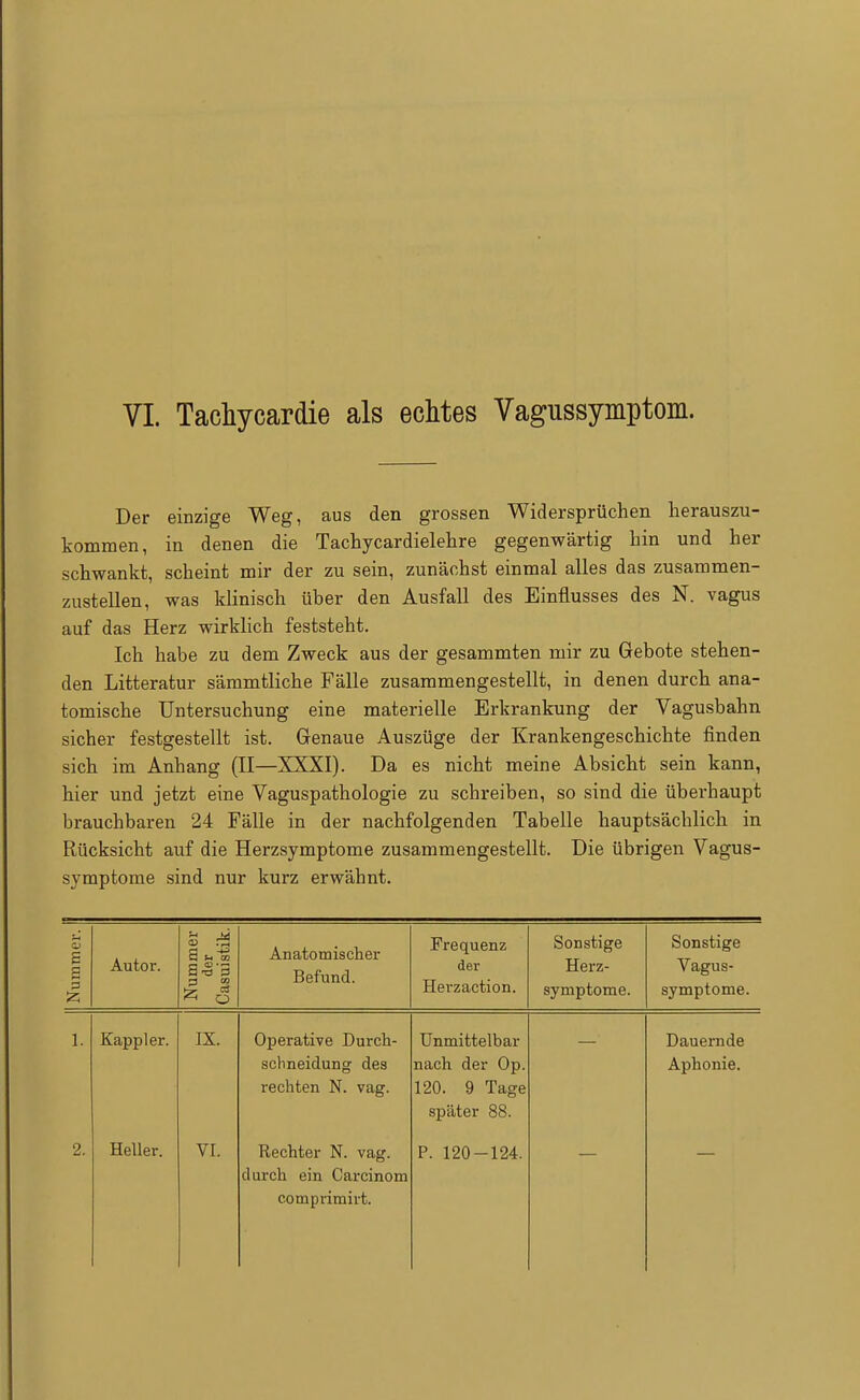 VI. Tachycardie als echtes Vagussymptom. Der einzige Weg, aus den grossen Widersprüchen herauszu- kommen, in denen die Tachycardielehre gegenwärtig hin und her schwankt, scheint mir der zu sein, zunächst einmal alles das zusammen- zustellen, was klinisch über den Ausfall des Einflusses des N. vagus auf das Herz wirklich feststeht. Ich habe zu dem Zweck aus der gesammten mir zu Gebote stehen- den Litteratur sämmtliche Fälle zusammengestellt, in denen durch ana- tomische Untersuchung eine materielle Erkrankung der Vagusbahn sicher festgestellt ist. Genaue Auszüge der Krankengeschichte finden sich im Anhang (II—XXXI). Da es nicht meine Absicht sein kann, hier und jetzt eine Vaguspathologie zu schreiben, so sind die überhaupt brauchbaren 24 Fälle in der nachfolgenden Tabelle hauptsächlich in Rücksicht auf die Herzsymptome zusammengestellt. Die übrigen Vagus- symptome sind nur kurz erwähnt. Nummer. | Autor. Nummer der Casuistik. Anatomischer Befund. Frequenz der Herzaction. Sonstige Herz- symptome. Sonstige Vagus- symptome. 1. Kappler. IX. Operative Durch- Unmittelbar Dauernde schneidung des nach der Op. Aphonie. rechten N. vag. 120. 9 Tage später 88. 2. Heller. VI. Rechter N. vag. P. 120-124. durch ein Carcinom comprimirt.