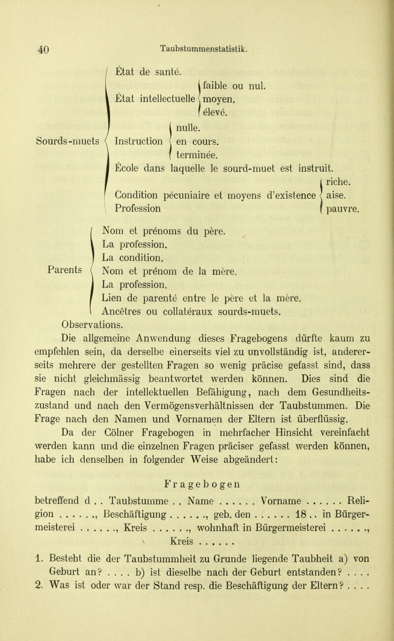 IEtat de sante. Ifaible ou nul. Etat intellectuelle \ moyen. f eleve. 1 nulle. Instruction \. en cours. f terminee. Ecole dans laquelle le sourd-muet est instruit. i riebe. Condition pecuniaire et moyens d'existence < aise. Profession (pauvre. INom et prenoms du pere. La profession. La condition. Nom et prenom de la mere. La profession. Lien de parente entre le pere et la mere. Ancetres ou collateraux sourds-muets. Observations. Die allgemeine Anwendung dieses Fragebogens dürfte kaum zu empfehlen sein, da derselbe einerseits viel zu unvollständig ist, anderer- seits mehrere der gestellten Fragen so v^enig präcise gefasst sind, dass sie nicht gleichmässig beantwortet werden können. Dies sind die Fragen nach der intellektuellen Befähigung, nach dem Gesundheits- zustand und nach den Vermögensverhältnissen der Taubstummen. Die Frage nach den Namen und Vornamen der Eltern ist überflüssig. Da der Gölner Fragebogen in mehrfacher Hinsicht vereinfacht werden kann und die einzelnen Fragen präciser gefasst werden können, habe ich denselben in folgender Weise abgeändert: I'ragebogen betreffend d . . Taubstumme . . Name Vorname Reli- gion , Beschäftigung , geb. den ...... 18 .. in Bürger- meisterei , Kreis , wohnhaft in Bürgermeisterei , Kreis 1. Besteht die der Taubstummheit zu Grunde liegende Taubheit a) von Geburt an? .... b) ist dieselbe nach der Geburt entstanden? . . . . 2. Was ist oder war der Stand resp. die Beschäftigung der Eltern? . . . .