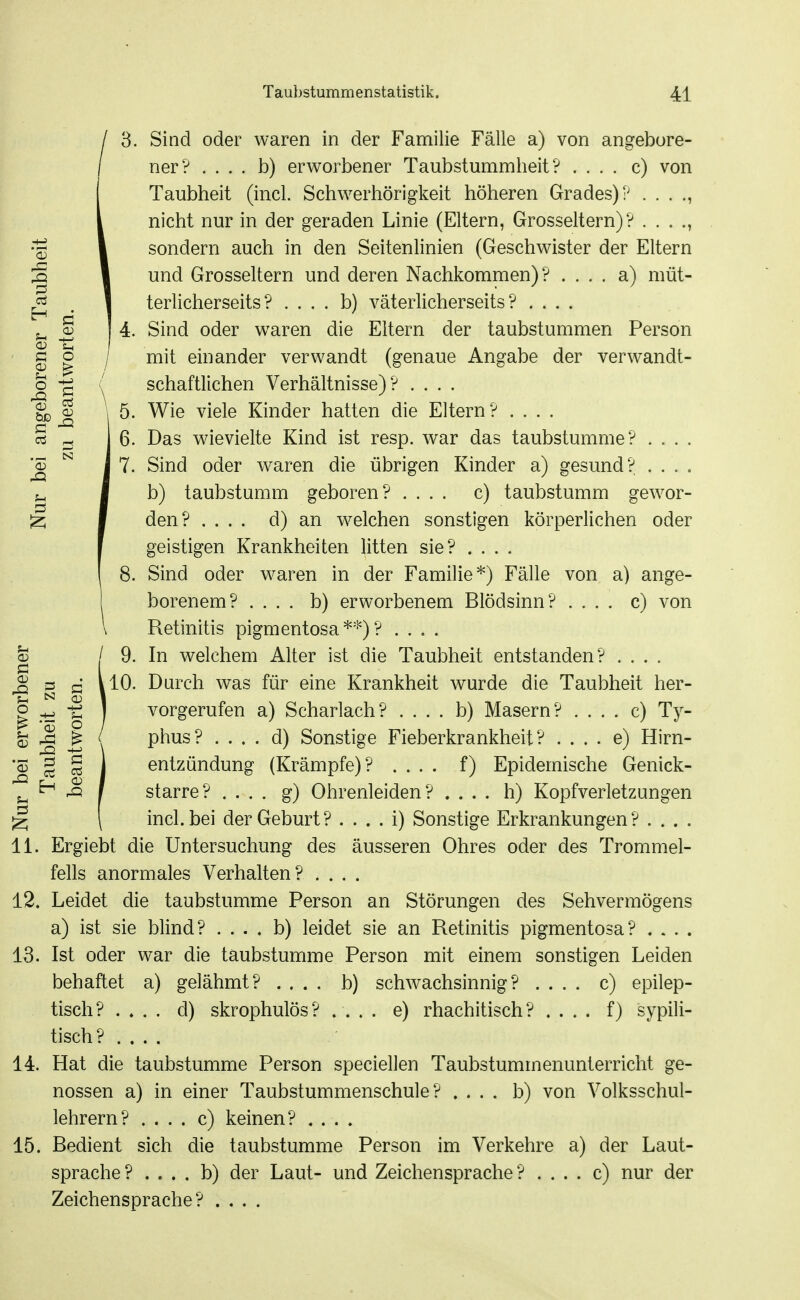 3. Sind oder waren in der Familie Fälle a) von angebore- ner? .... b) erworbener Taubstummheit? .... c) von Taubheit (incl. Schwerhörigkeit höheren Grades)? . . . ., nicht nur in der geraden Linie (Eltern, Grosseltern)? . . . ., sondern auch in den Seitenlinien (Geschwister der Eltern S I und Grosseltern und deren Nachkommen)? . . . . a) müt- ^ , I terlicherseits? . . . . b) väterlicherseits? .... J 4. Sind oder waren die Eltern der taubstummen Person g o / mit einander verwandt (genaue Angabe der verwandt- -g ' schaftlichen Verhältnisse)? .... S 1 5. Wie viele Kinder hatten die Eltern? .... CS ^ 6. Das wievielte Kind ist resp. war das taubstumme? ^ ^ j 7. Sind oder waren die übrigen Kinder a) gesund? b) taubstumm geboren? .... c) taubstumm gewor- ;2 f den? .... d) an welchen sonstigen körperlichen oder geistigen Krankheiten litten sie? .... Sind oder waren in der Familie*) Fälle von a) ange- borenem? .... b) erworbenem Blödsinn? .... c) von Retinitis pigmentosa**)? .... Q) / 9. In welchem Alter ist die Taubheit entstanden? .... c I ^ p c Durch was für eine Krankheit wurde die Taubheit her- I .-ä ^ I vorgerufen a) Scharlach? .... b) Masern? .... c) Ty- ^ J ^ / phus? .... d) Sonstige Fieberkrankheit? .... e) Hirn- ^ S i pntynnHnno- ^TTrämnfp^'P ^ et TO 'S g g J entzündung (Krämpfe)? .... f) Epidemische Genick- ^ Ä I starre? .... g) Ohrenleiden? .... h) Kopfverletzungen Eh \ incl. bei der Geburt? . . . . i) Sonstige Erkrankungen? 11. Ergiebt die Untersuchung des äusseren Ohres oder des Trommel- fells anormales Verhalten? .... 12. Leidet die taubstumme Person an Störungen des Sehvermögens a) ist sie blind? . . . . b) leidet sie an Retinitis pigmentosa? .... 13. Ist oder war die taubstumme Person mit einem sonstigen Leiden behaftet a) gelähmt? .... b) schwachsinnig? .... c) epilep- tisch? .... d) skrophulös? .... e) rhachitisch? .... f) sypili- tisch? .... 14. Hat die taubstumme Person speciellen Taubstummenunterricht ge- nossen a) in einer Taubstummenschule? .... b) von Volksschul- lehrern? .... c) keinen? .... 15. Bedient sich die taubstumme Person im Verkehre a) der Laut- sprache ? . . . . b) der Laut- und Zeichensprache ? . . . . c) nur der Zeichensprache? ....